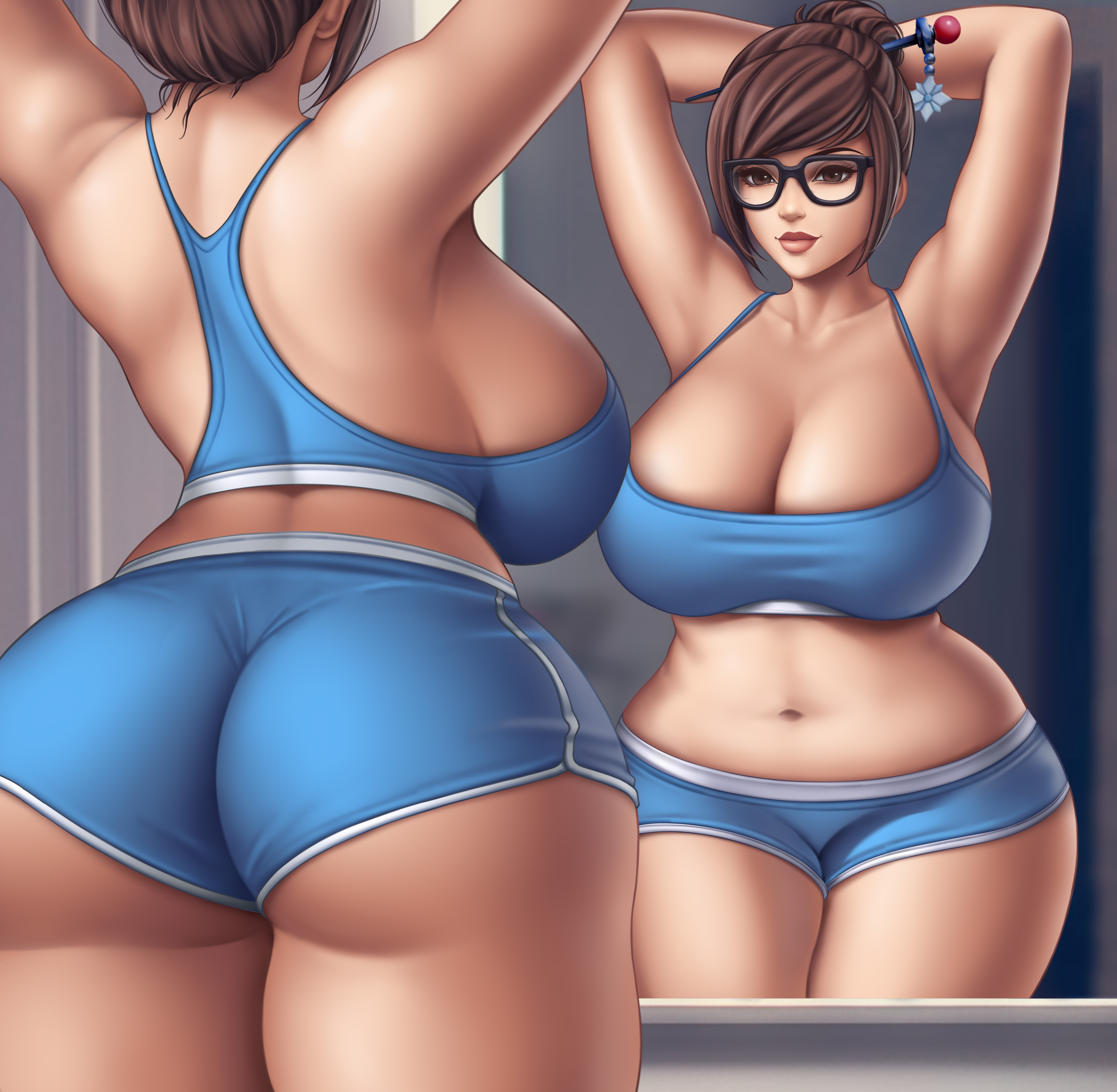 ass, big ass, big breasts, blizzard entertainment, breasts, bubble ass, curvy, curvy figure, curvy hips, eyewear, female, flowerxl, glasses, hourglass figure, mei (overwatch), overwatch, overweight, slightly chubby, solo, thick thighs, thunder thighs, wide hips, workout clothes