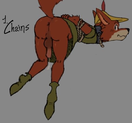 anthro anus ass balls biped black_eyes blush blush_lines bodily_fluids bondage bottomless bound canid canine chain_leash chained chains clothed clothing digitigrade disney feet fox fur genital_fluids genitals green_clothing headgear headwear leash ledange looking_back low_res lying male mammal multicolored_body multicolored_fur on_front orange_body orange_fur plant precum precum_string presenting presenting_hindquarters red_feather restraints robin_hood_(character) robin_hood_(disney) rope rope_bondage rope_leash showing_penis solo two_tone_body two_tone_fur white_body white_fur