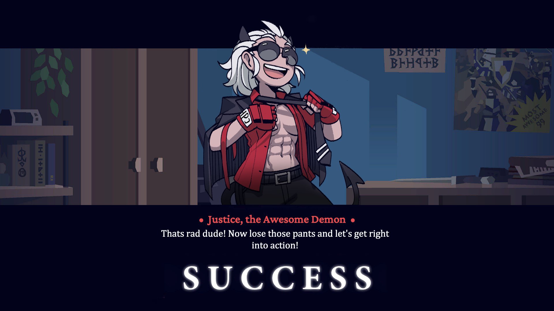 abs, before sex, female, helltaker, justice (helltaker), krekk0v, muscular, muscular female, smile, tagme