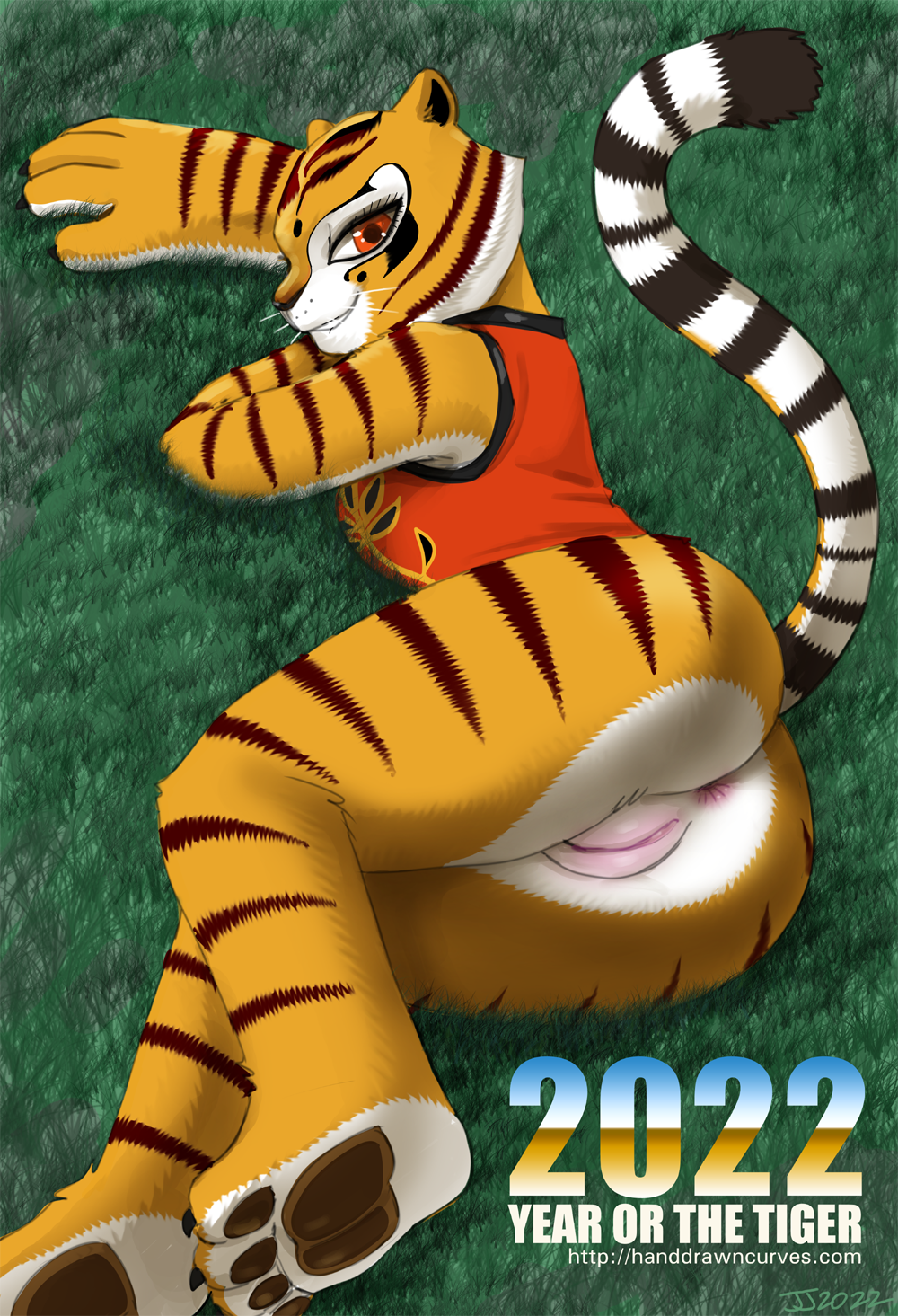 2022 anus ass bedroom_eyes bite biting_lip biting_own_lip bottomless chinese_zodiac clothed clothing dreamworks english_text felid female fur genitals grass hi_res high-angle_view john_joseco kung_fu_panda looking_at_viewer looking_back looking_back_at_viewer mammal markings master_tigress narrowed_eyes orange_body orange_fur pantherine pawpads plant presenting presenting_hindquarters presenting_pussy pussy raised_tail seductive self_bite signature striped_markings striped_tail stripes tail_markings text tiger url year_of_the_tiger