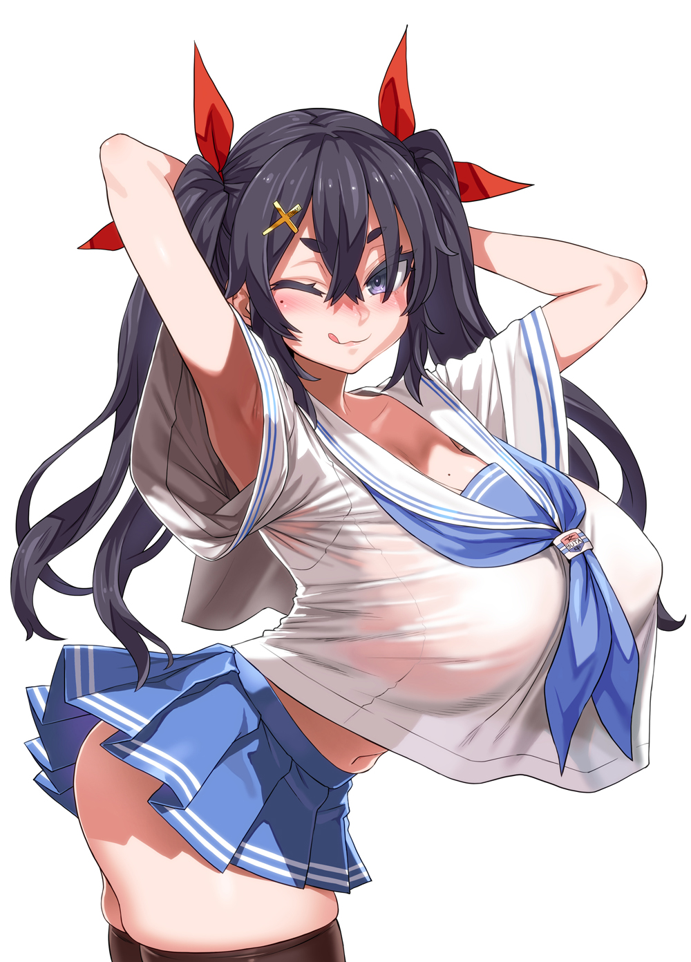 1girls armpits arms_behind_head arms_up asanagi black_eyes black_hair black_legwear bow breasts female female_only hair_between_eyes hair_ornament hairbow hairclip huge_breasts indie_virtual_youtuber licking_lips light-skinned_female light_skin long_hair microskirt midriff miniskirt mole mole_on_breast mole_under_eye navel one_eye_closed pleated_skirt purple_eyes school_uniform see-through serafuku shirt_overhang simple_background skirt smile solo sopra_amane tama_project thighhighs tongue tongue_out twintails very_long_hair virtual_youtuber white_background zettai_ryouiki