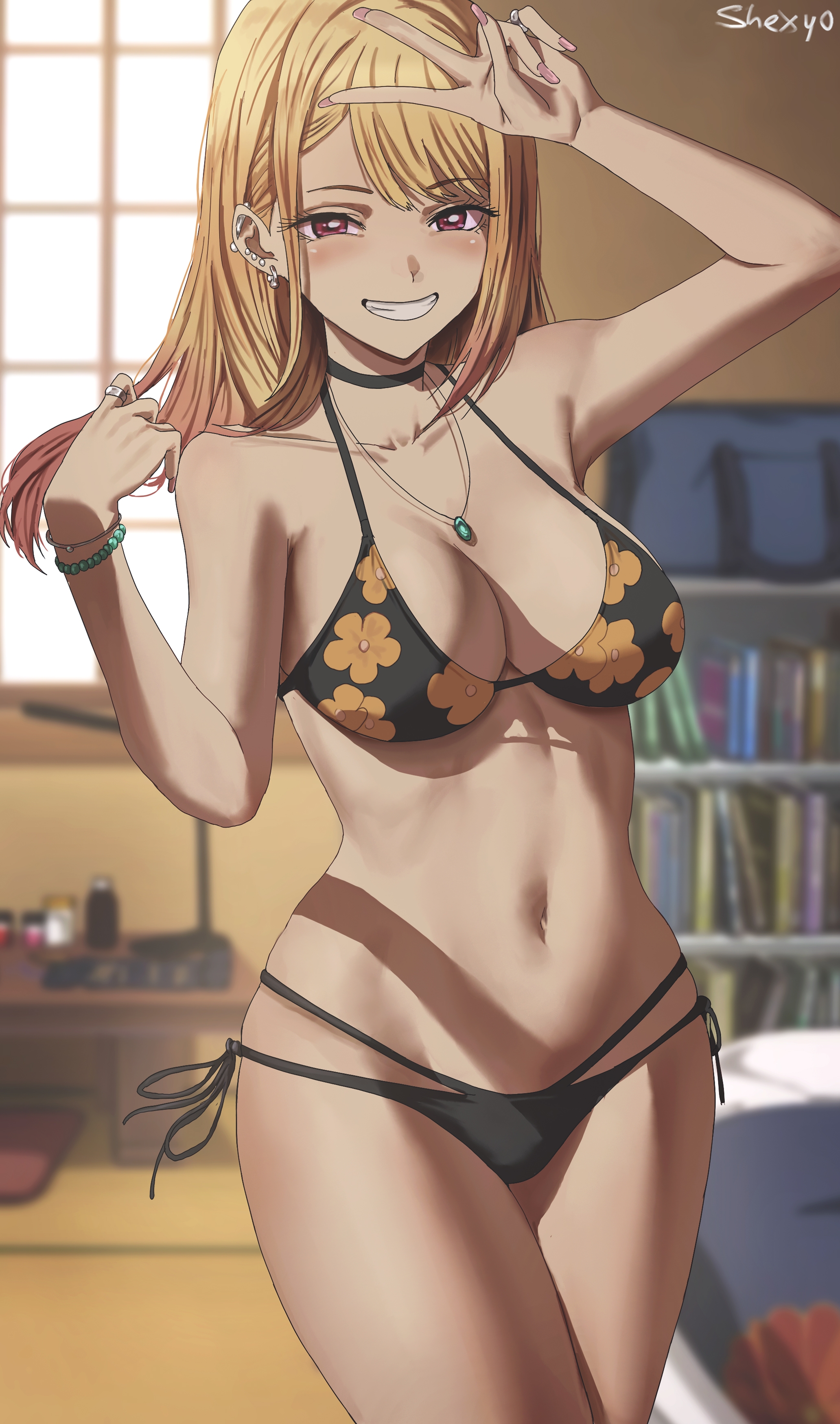 1girls, 2022, artist signature, bikini, black bikini, blonde hair, blush, breasts, collarbone, female, female only, flower pattern, gyaru, hi res, hips, huge breasts, indoors, kitagawa marin, large filesize, long hair, peace sign, red eyes, shexyo, slim waist, smile, sono bisque doll wa koi wo suru, thick thighs, thighs, very high resolution, wide hips