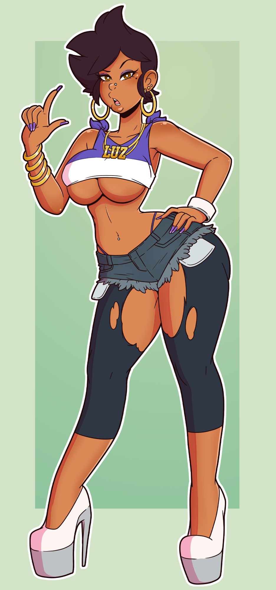 1girls, ass, bimbo, breasts, dark skin, dark-skinned female, disney, disney channel, eyeshadow, female, high heels, hoop earrings, large ass, large breasts, latina, luz noceda, navel, navel piercing, nose piercing, platform heels, pussy, ripped clothing, shorts, straight hair, tagme, the owl house, thick thighs, wide hips, wrenzephyr2