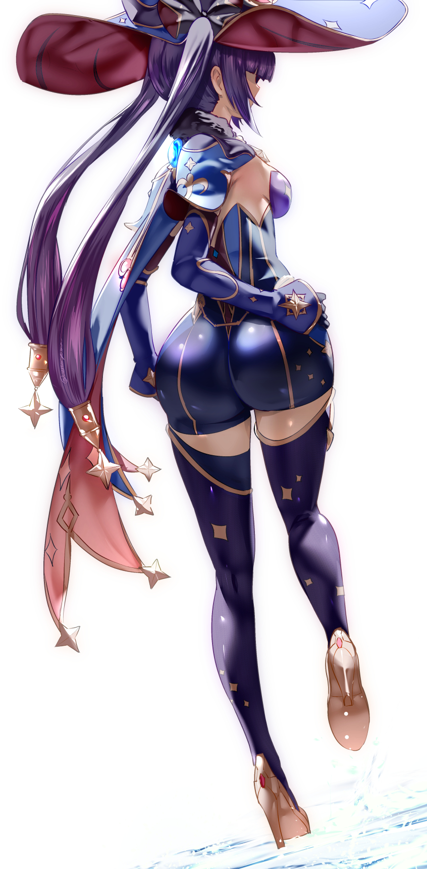 ass, back, black hair, blue cape, blue headwear, breasts, cape, detached sleeves, elbow gloves, female, from behind, full body, fur collar, genshin impact, gloves, gold heels, hat, hat ornament, high heels, highres, huge ass, jewelry, long hair, medium breasts, mona (genshin impact), pendant, shiny, shiny clothes, shiny hair, shiny skin, short shorts, shorts, thighhighs, twintails, uenoryoma, vision (genshin impact), water, witch hat
