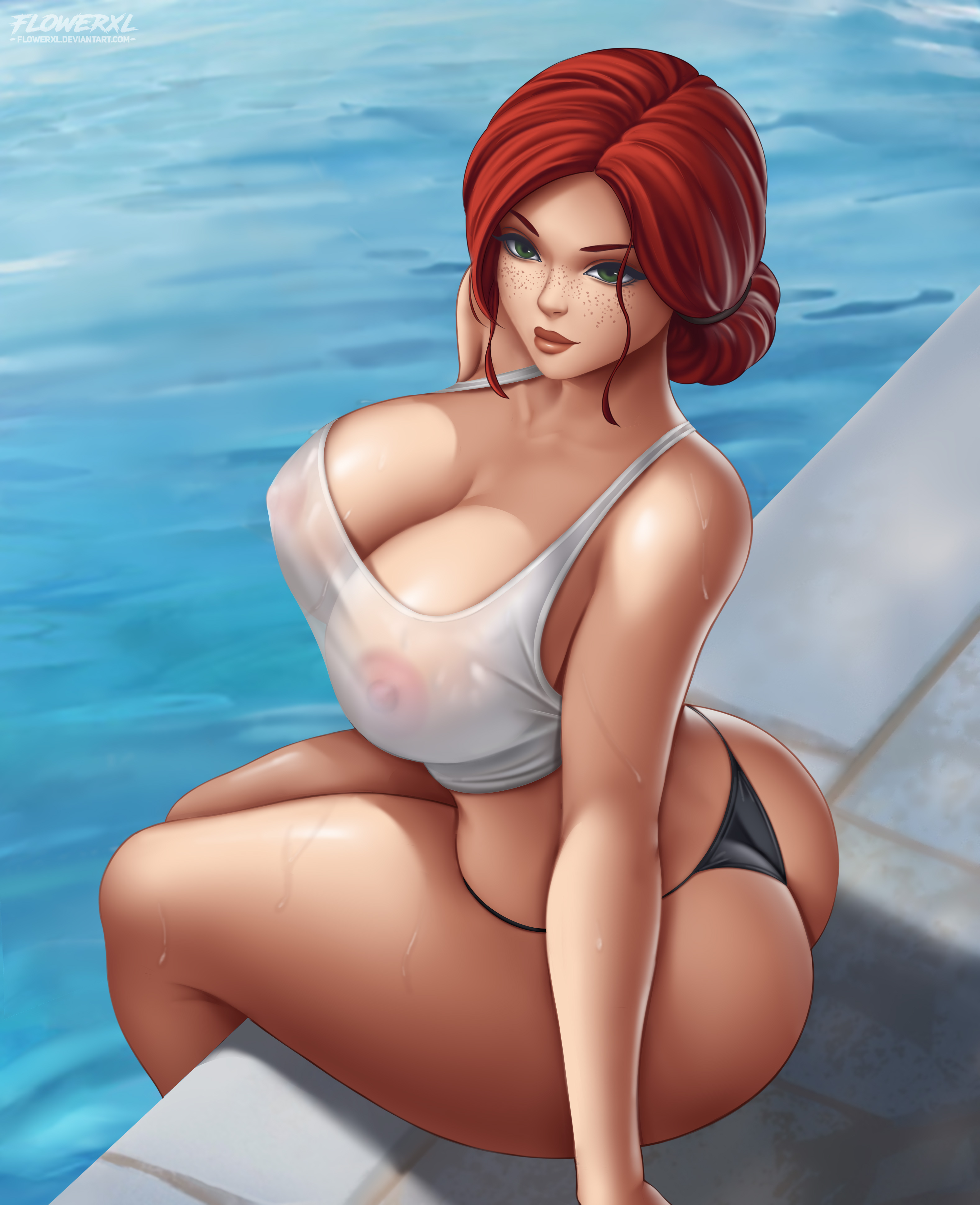 ass, big breasts, bikini bottom, breasts, female, flowerxl, huge ass, see-through clothing, the witcher (series), thick thighs, thong, thong bikini, triss merigold, wet shirt