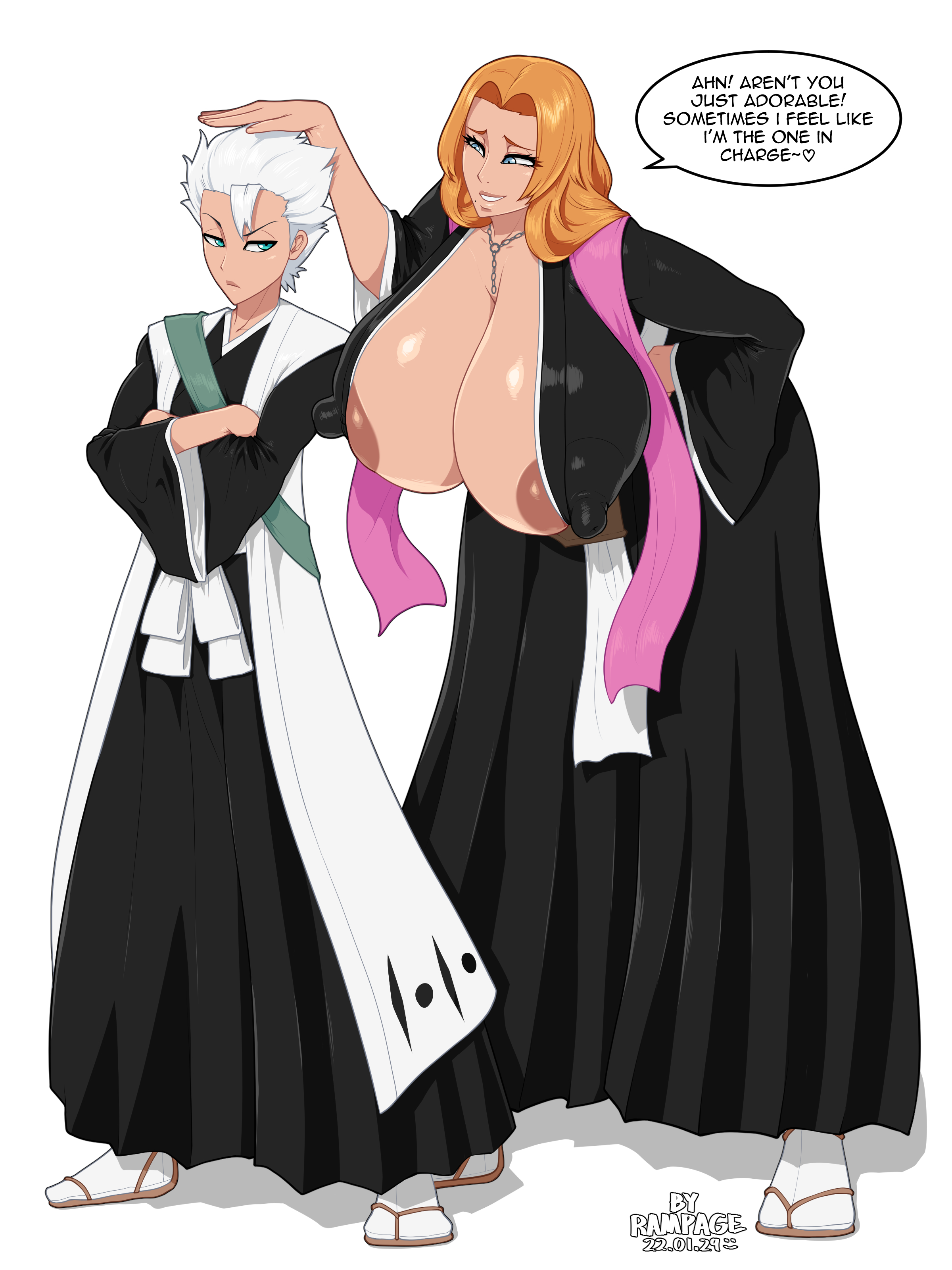 1boy, 1girls, 2022, age difference, alternate breast size, annoyed, areola slip, areolae, artist name, before sex, big breasts, bimbo, bleach, blue eyes, breasts, breasts bigger than head, captain and lieutenant, chains, cleavage, crossed arms, dated, duo, erect nipples, erect nipples under clothes, female, gigantic breasts, green eyes, head pat, huge areolae, huge breasts, huge nipples, kimono, light skin, light-skinned male, long hair, male, male with female, male/female, matsumoto rangiku, mole, mole under mouth, necklace, nipples, no bra, older female, orange hair, paid reward, rampage0118, robe, sandals, scarf, short hair, shounen jump, smaller male, speech bubble, spiky hair, tabi, talking, taller female, tease, teasing, text, toshiro hitsugaya, venus body, voluptuous, white hair, younger male