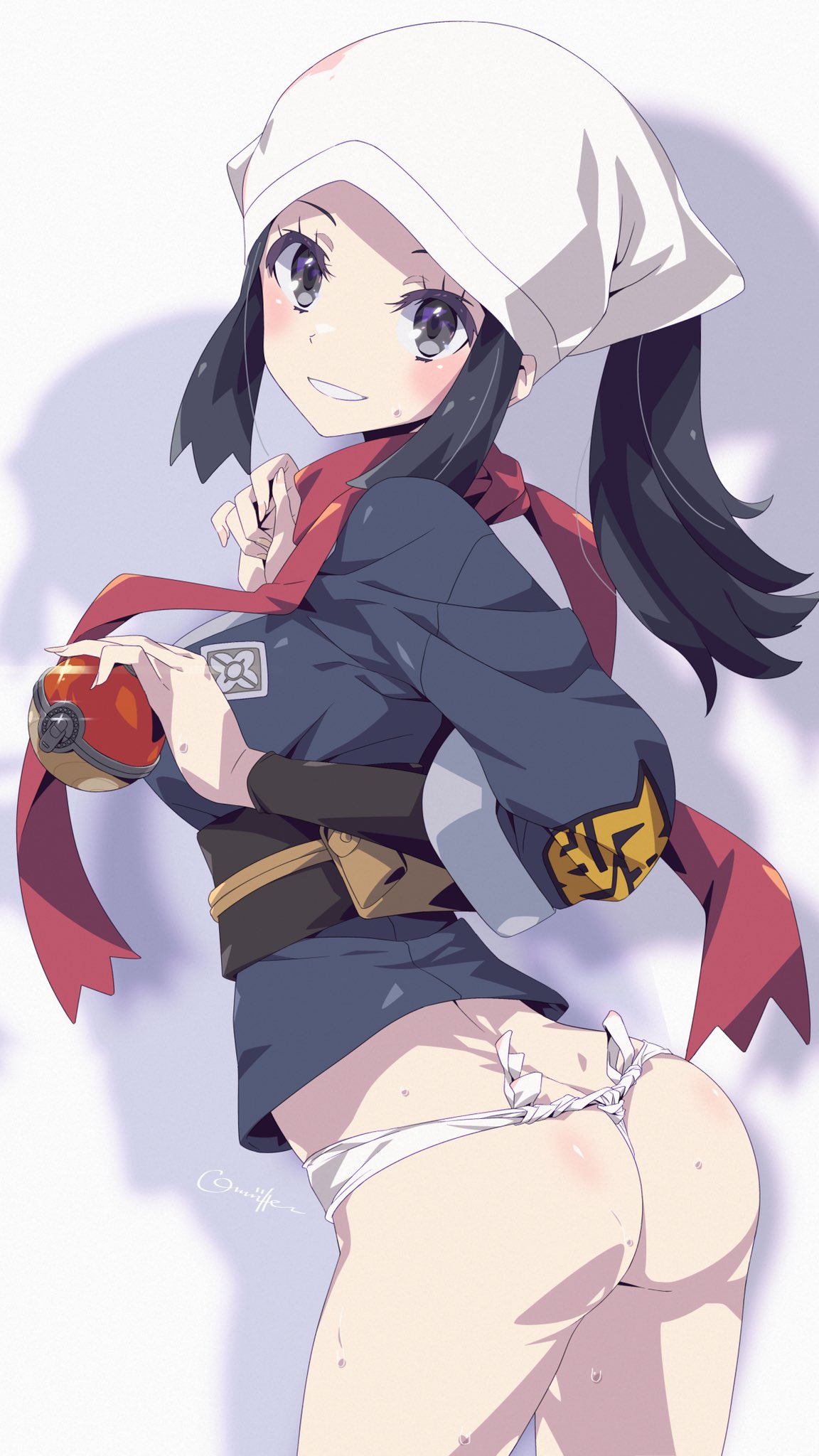 1girls, akari (pokemon), ass, blue eyes, blue hair, blush, bottomless, breasts, clothed, clothed female, clothing, color, female, fundoshi, hat, headwear, kimono, looking at viewer, medium breasts, medium hair, no text, oomura karasu, pokeball, pokemon, pokemon legends: arceus, ponytail, scarf, simple background, smile, smiling, sweat, teeth, thighs, traditional clothes, watermark, white hat