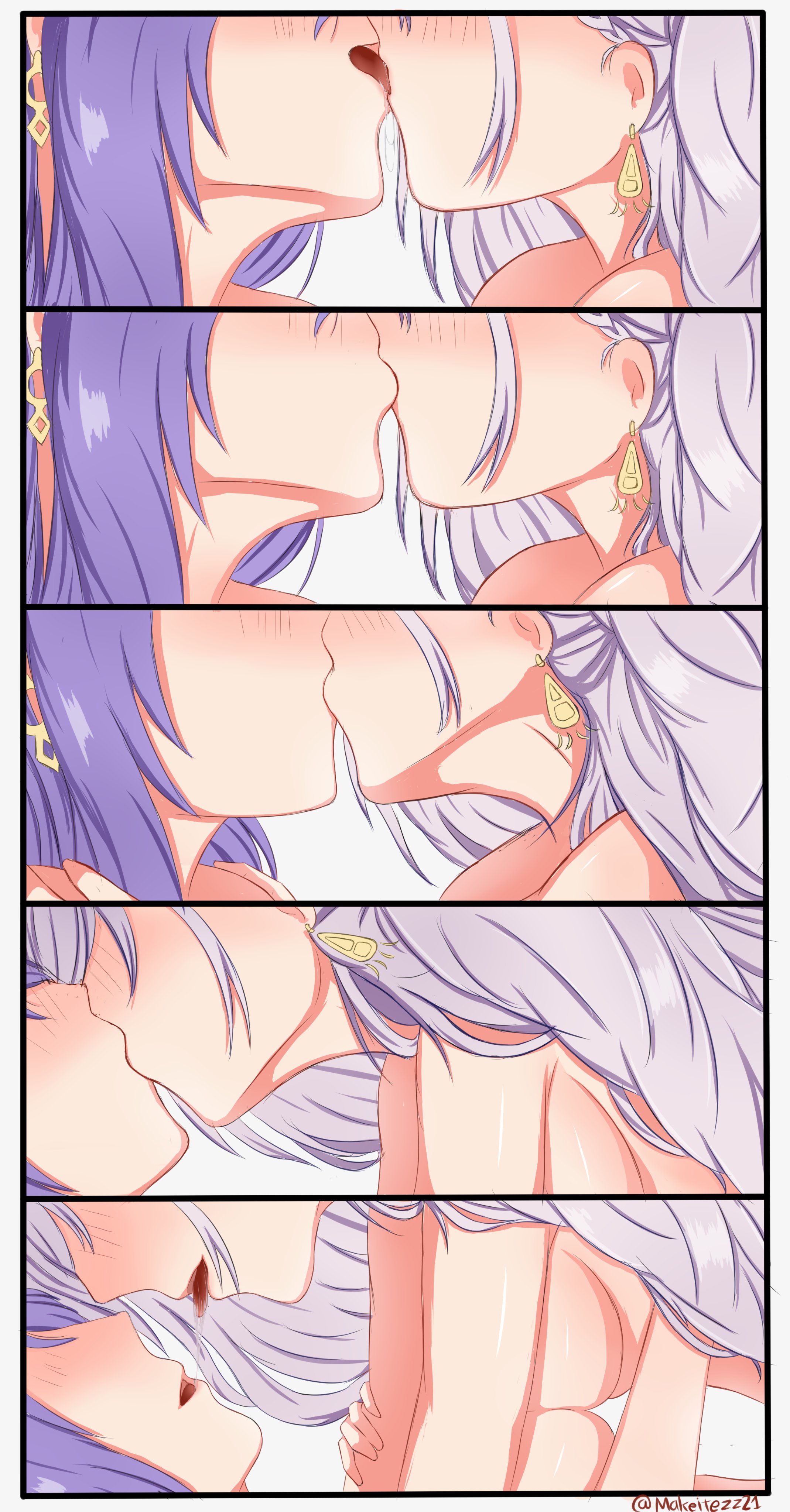 blush, breast press, breasts, completely nude, eyeless, female, french kiss, grey hair, highres, hololive, hololive indonesia, hololive indonesia area 15, hololive indonesia holoro, kissing, laying down, moona hoshinova, multiple images, nude, pavolia reine, purple hair, saliva string, tongue, tongue out, virtual youtuber, yuri