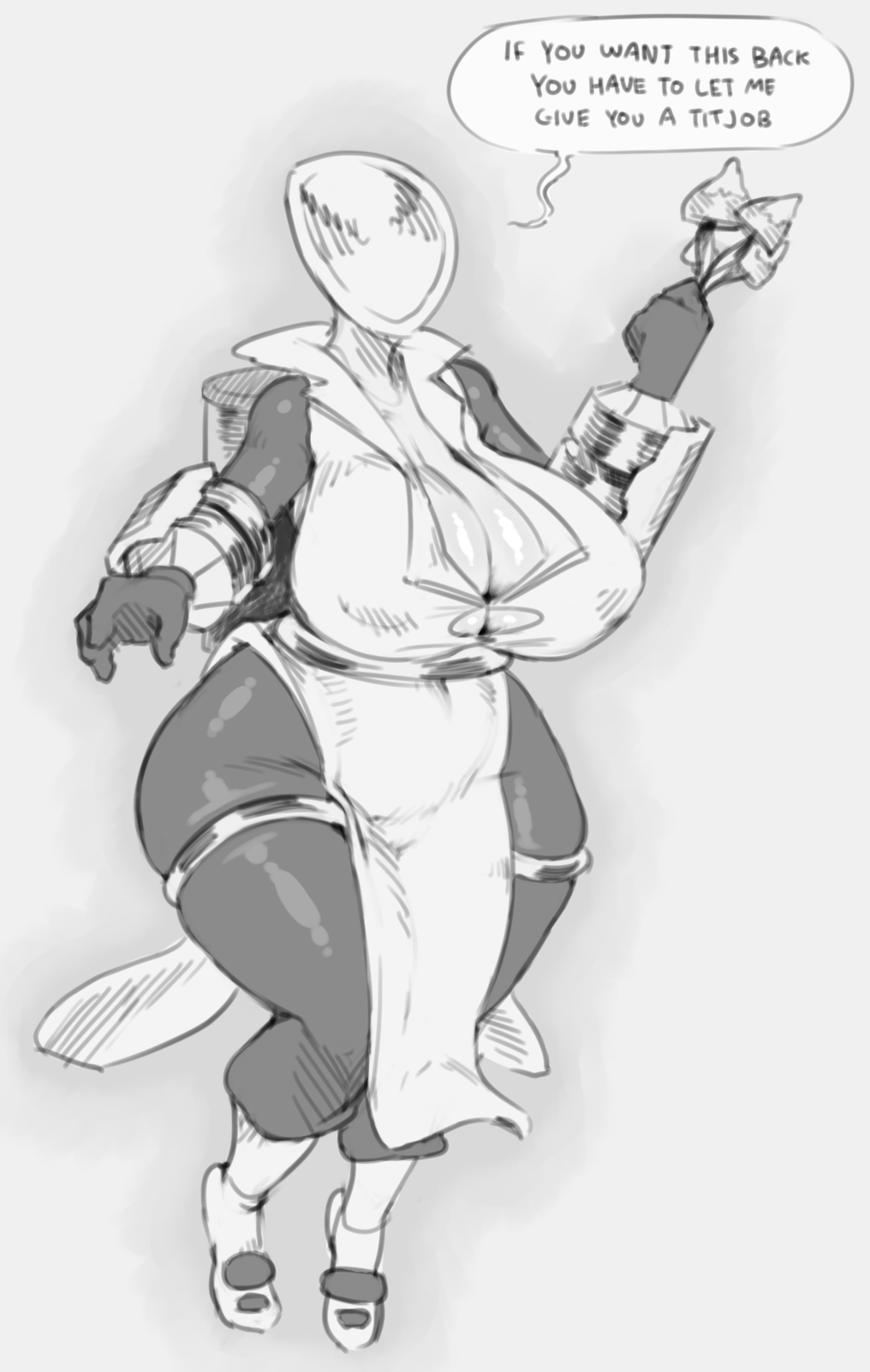 alternate_costume artificer_(risk_of_rain) black_bodysuit breasts bungus collar digital_media_(artwork) drawfruit english_text helmet holding holding_object honhearthy huge_breasts mushroom prostitution risk_of_rain risk_of_rain_2 shoes tagme thick thick_thighs white_helmet