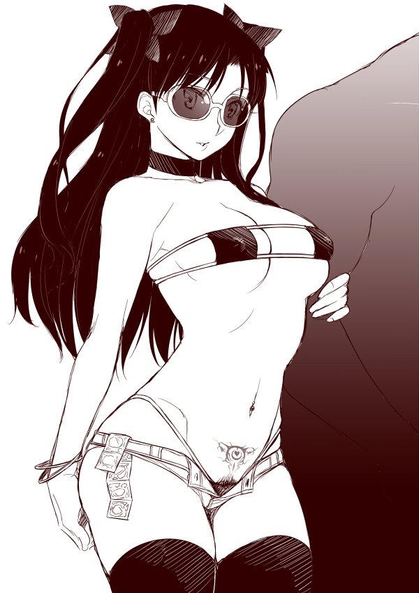 bikini breasts collar condom eyepatch_bikini fate/stay_night fate_(series) hips long_hair namidame necklace pubic_tattoo tattoo tohsaka_rin