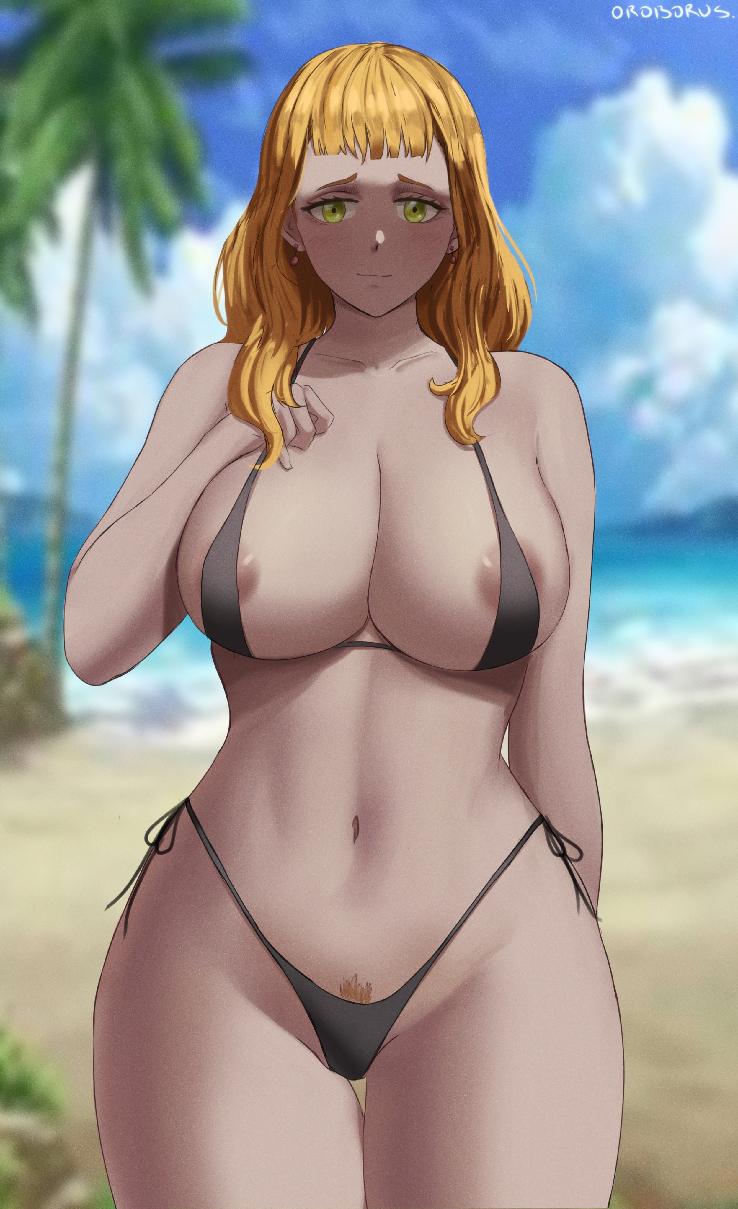 1girls, areola slip, belly button, big breasts, bikini, black bikini, black clover, black swimsuit, breasts, curvy, curvy figure, female, female only, green eyes, large breasts, looking at viewer, midriff, mimosa vermillion, orange hair, oroborusart, pubic hair, savagexthicc, side-tie bikini, solo, solo female, swimsuit, thick, voluptuous