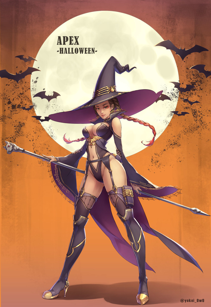 2d, apex legends, artist name, bats, big breasts, boots, braided twintails, breasts, brown hair, cleavage, cleavage cutout, collar, eyeshadow, female, front view, full body, garter belt, garter straps, halloween, halloween costume, hat, high heel boots, high heels, holding staff, legs apart, leotard, loba (apex legends), long hair, looking at viewer, makeup, navel, navel cutout, posing, shadow, staff, standing, stockings, studded collar, tagme, thighhighs, thighs, twitter username, wide sleeves, witch hat, yellow eyes, yokoi aya