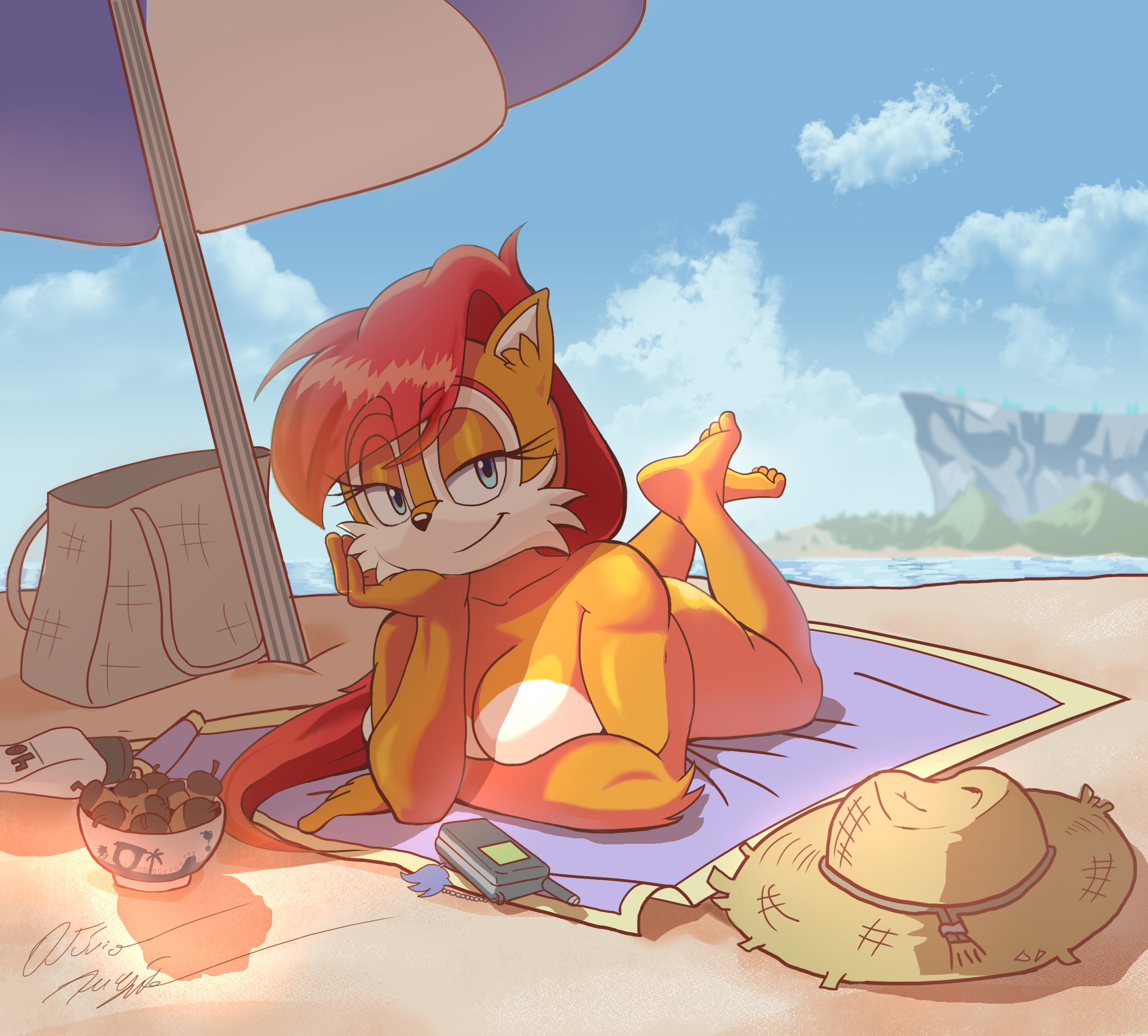 2d, anthro, archie comics, azul35art, beach, breasts, color, female, female only, laying down, laying on stomach, long hair, mobian (species), nude, nude female, outside, sally acorn, sega, smile, sonic (series), sonic satam, sonic the hedgehog (archie), sonic the hedgehog (comics), sonic the hedgehog (series)
