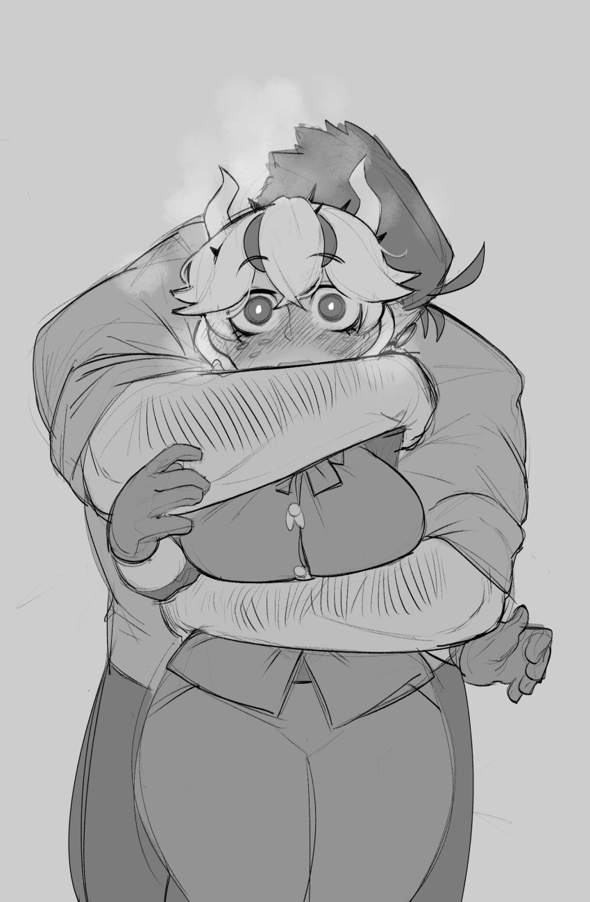beelzebub (helltaker), blush, breasts, busty, caught off guard, curvaceous, cute, fully clothed, gloves, hairy arms, helltaker, helltaker (character), horns, hugging, hugging from behind, krekk0v, larger male, male, monochrome, no background, steam, surprised, white hair, wholesome