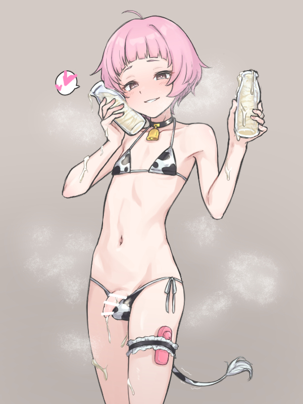 androgynous bikini controller cow_bikini cow_print cow_print_bikini cow_tail cum_bottle femboy male male_focus male_only milk_bottle pink_hair princess_connect!_re:dive small_penis solo_male yuki_(princess_connect!)