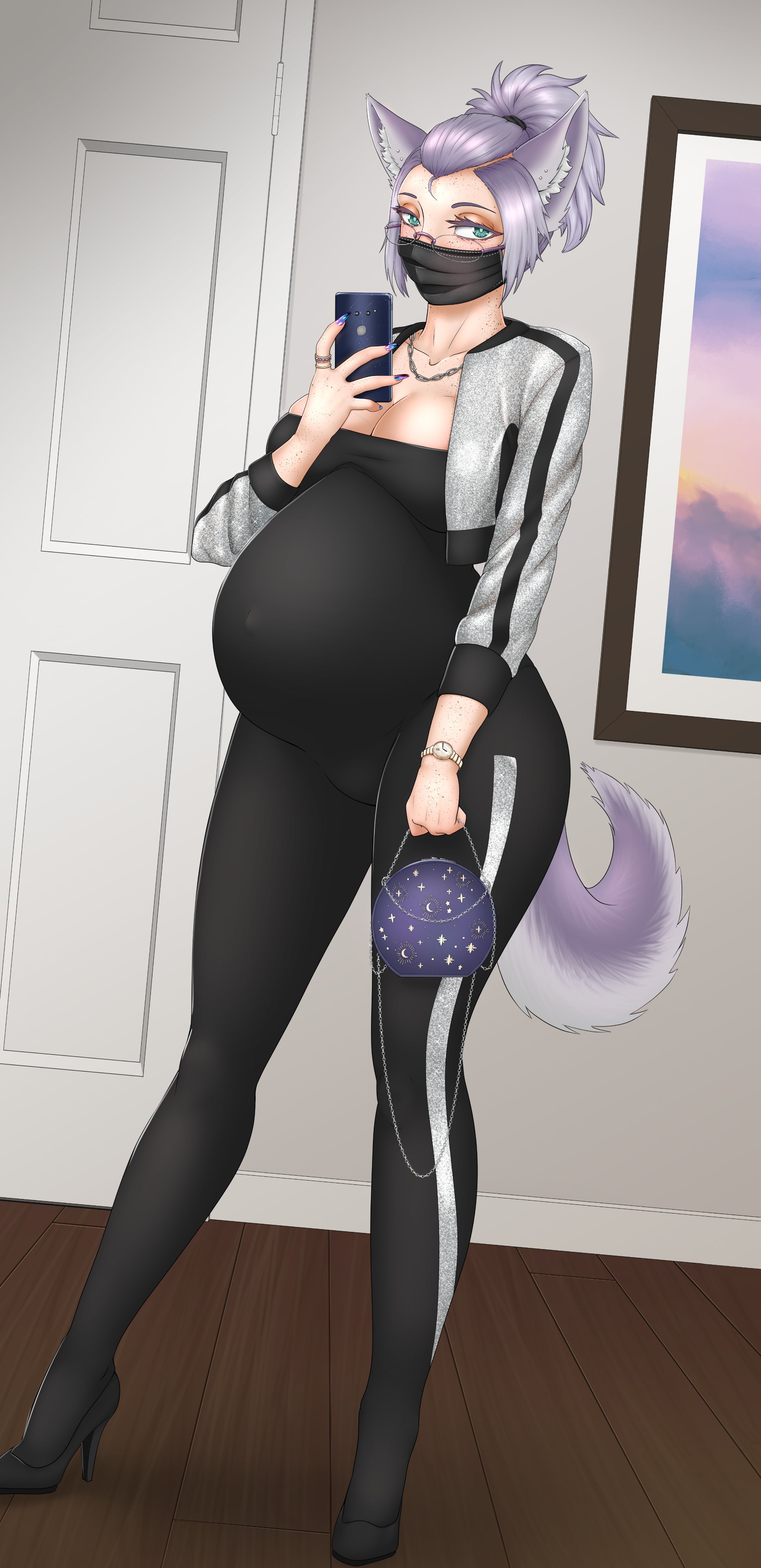 1girls, absurdres, big breasts, breasts, cat girl, catgirl, female, female only, highres, huge belly, kristiadder, large breasts, maternity clothes, pregnant, ready to pop, solo, tight clothing