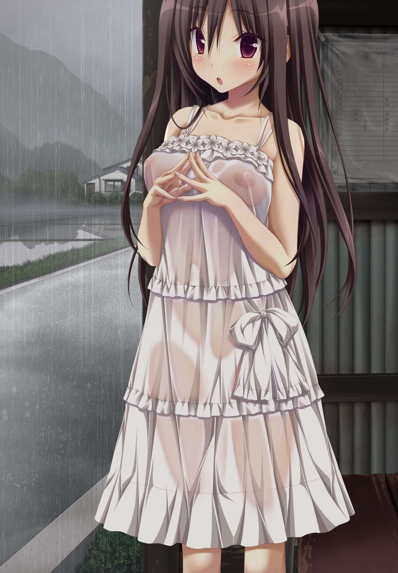 :o amatsutsumi blush breasts brown_hair bus_stop covered_nipples dress female highres imageboard_desourced koku long_hair looking_at_viewer medium_breasts nipples no_bra non-web_source official_art oribe_kokoro own_hands_clasped own_hands_together rain raining red_eyes see-through solo spaghetti_strap standing sundress wet wet_clothes white_dress