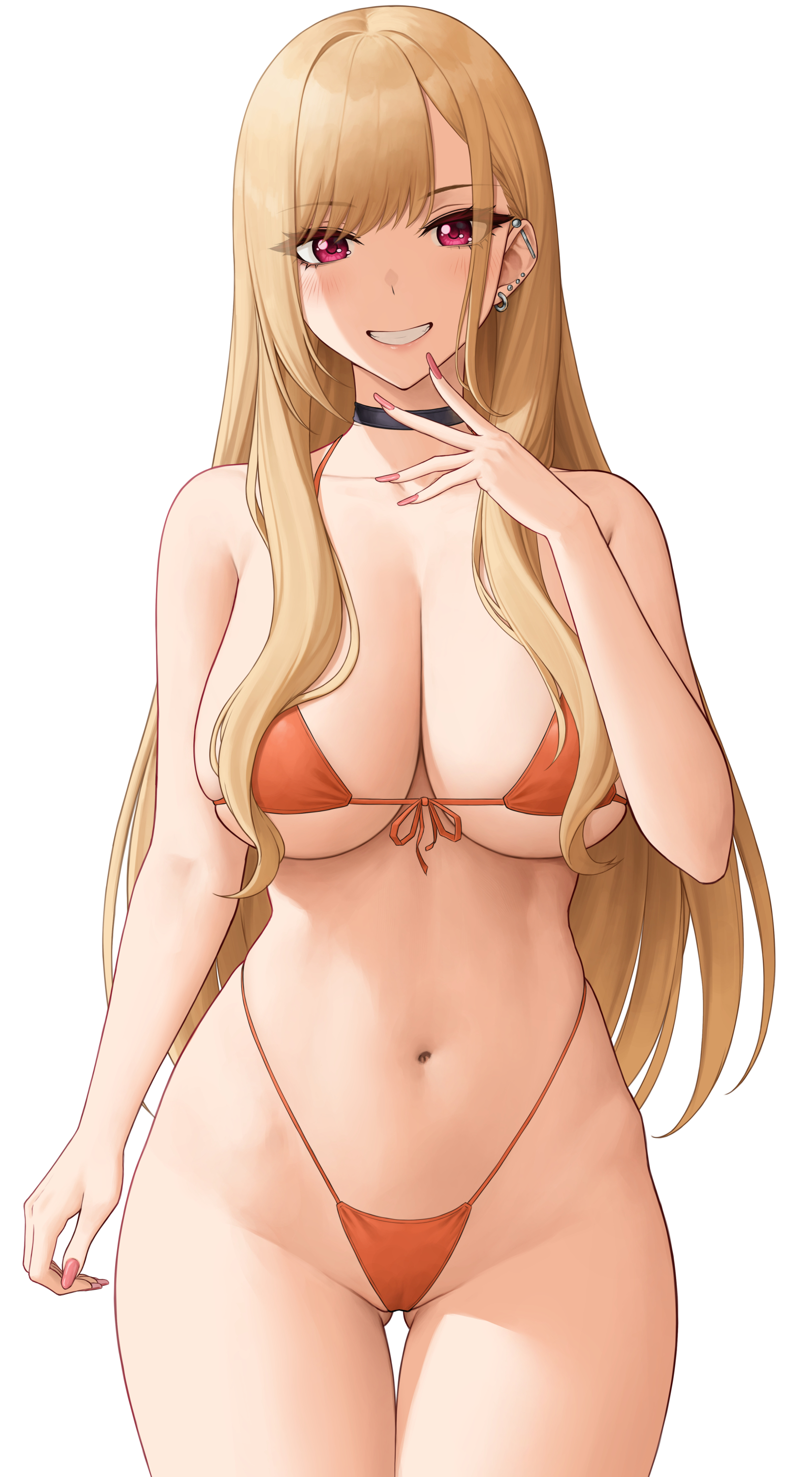 1girls, 2022, alternate version available, artist signature, bikini, blonde hair, blush, breasts, cleavage, female, female only, gyaru, hi res, hips, huge breasts, kitagawa marin, long hair, looking at viewer, orange bikini, red eyes, simple background, slim waist, smile, sono bisque doll wa koi wo suru, tagme, thick thighs, thighs, white background, wide hips, zaphn