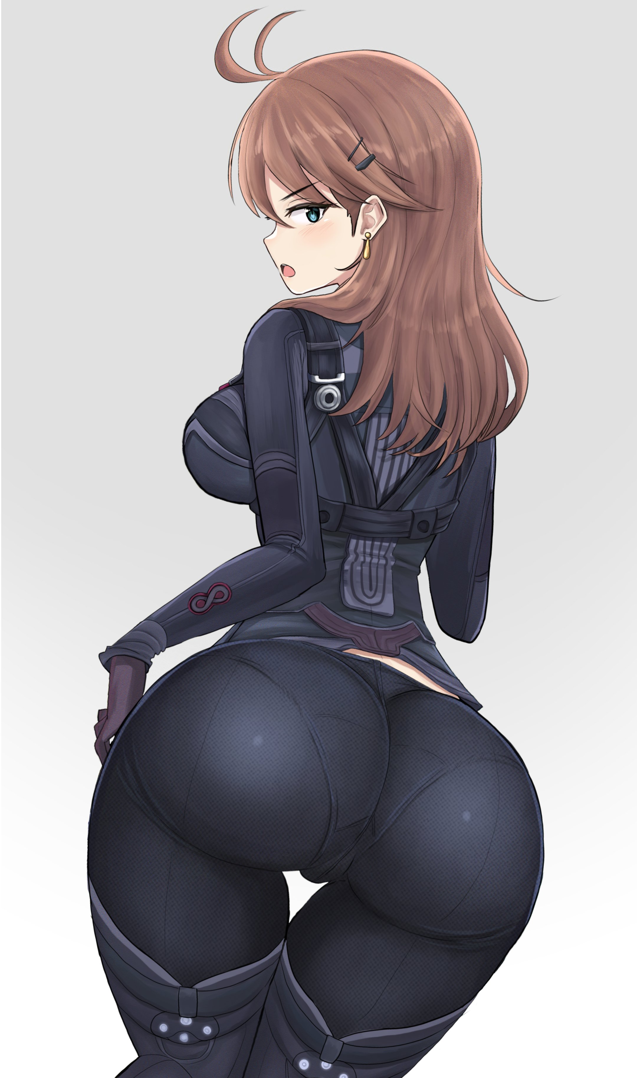 absurdres, ass, big ass, big butt, bodysuit, brown hair, desspie, earrings, female, female only, green eyes, hair ornament, hairclip, highres, huge ass, huge butt, jewelry, medium hair, open mouth, pantylines, shion uzuki, simple background, solo, thick thighs, thigh gap, white background, wide hips, xenosaga
