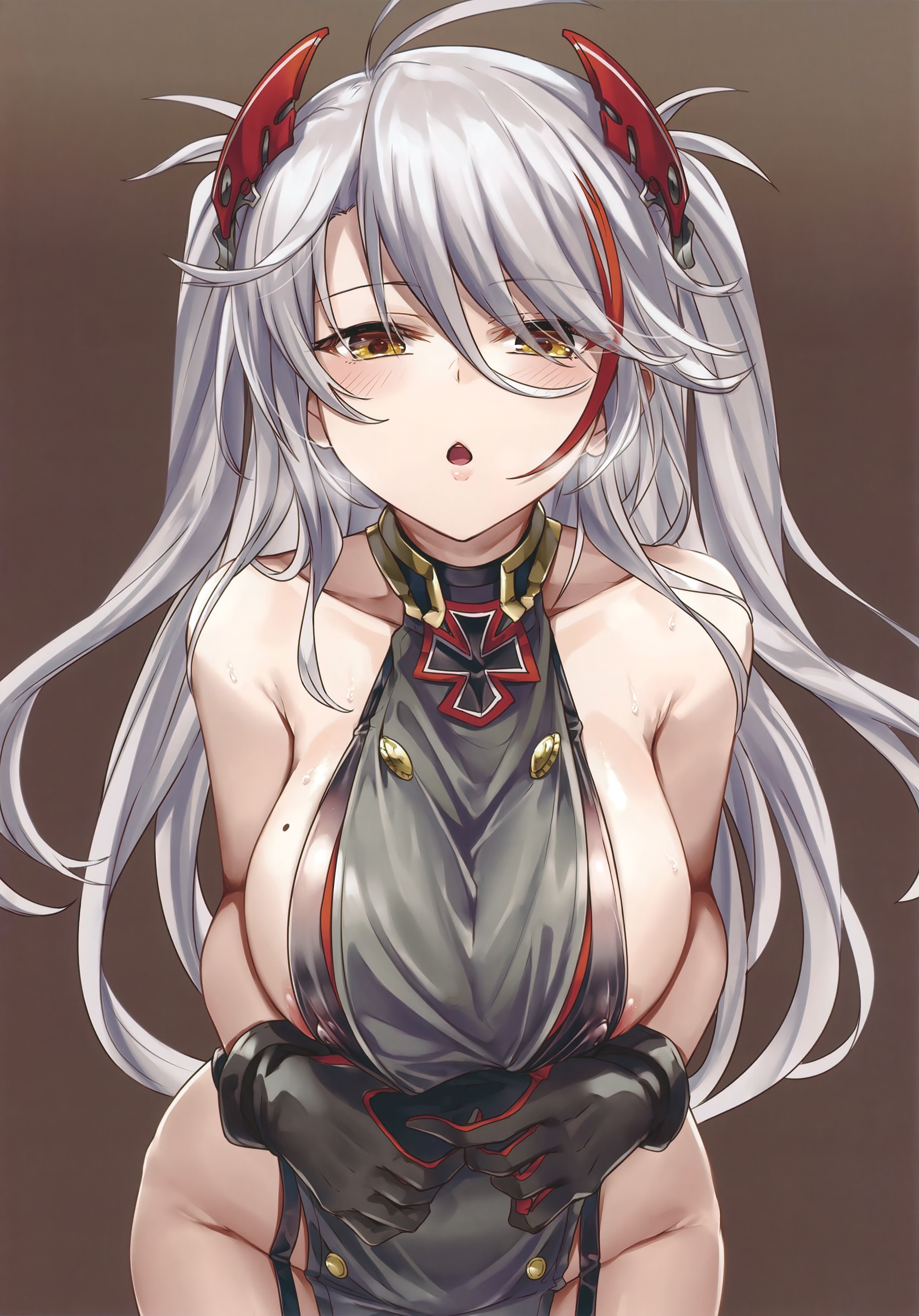 absurdres, antenna hair, areola slip, areolae, azur lane, bangs, bare shoulders, blush, breasts, clothes pull, collarbone, covered nipples, cross, eyebrows visible through hair, eyes visible through hair, female, gloves, gradient, gradient background, groin, hair between eyes, hair ornament, heart, heart-shaped pupils, highres, iron cross, large breasts, leaning forward, lips, long hair, looking at viewer, mole, mole on breast, multicolored hair, no panties, open mouth, pale skin, photoshop (medium), prinz eugen (azur lane), red hair, ribbon, scan, silver hair, simple background, solo, standing, sweat, sweatdrop, symbol-shaped pupils, thighs, two-tone hair, xephyrks, yellow eyes