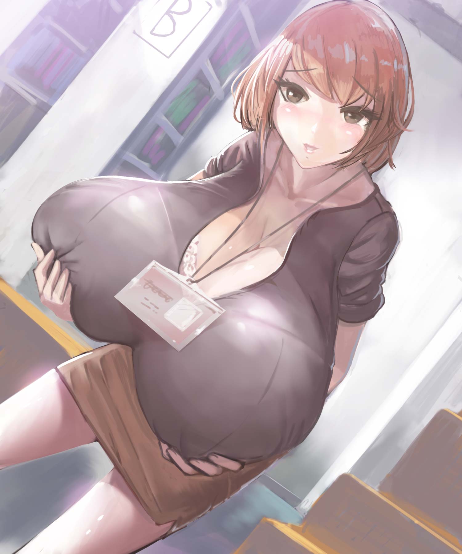 1girls breast_hold breast_lift breast_press gigantic_breasts huge_breasts masamasa tight_clothing