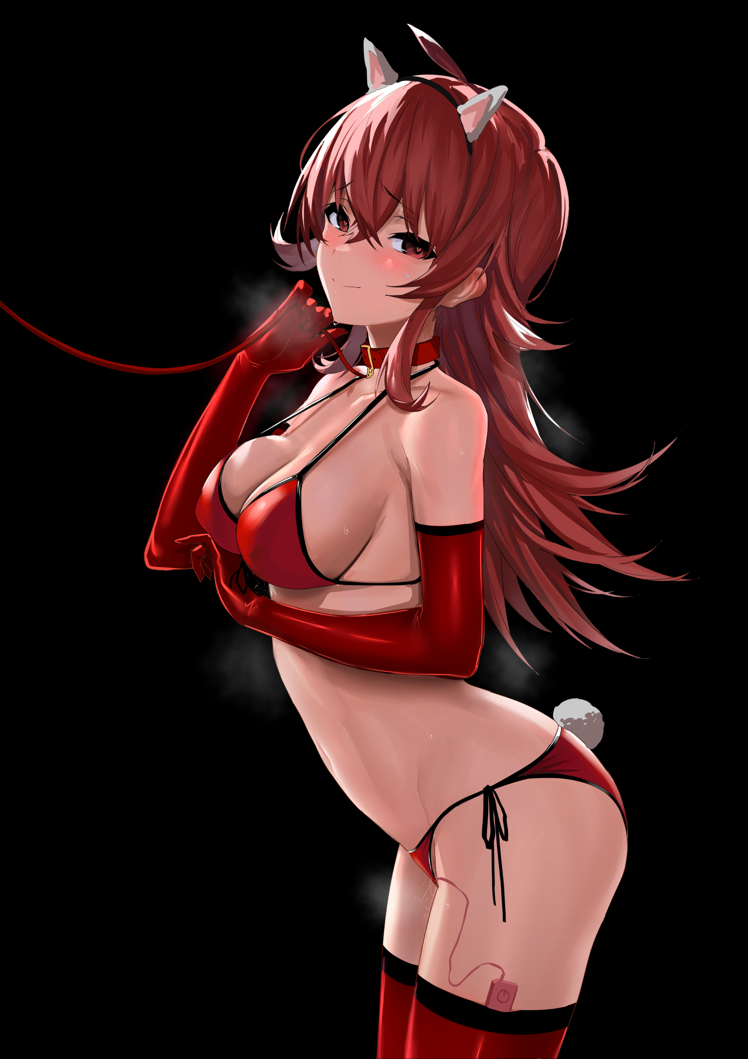 ahoge, alternate breast size, bangs, bare shoulders, bikini, blush, breasts, cleavage, collar, collarbone, crossed bangs, female, female only, halterneck, highres, idolmaster, idolmaster shiny colors, komiya kaho, large breasts, leash and collar, long hair, looking at viewer, navel, ocean, open mouth, pussy, pussy juice, red bikini, red eyes, red hair, side-tie bikini, sidelocks, sky, solo, string bikini, swimsuit, thighs, ulrich (tagaragakuin), vibrator, vibrator in pussy, vibrator under panties