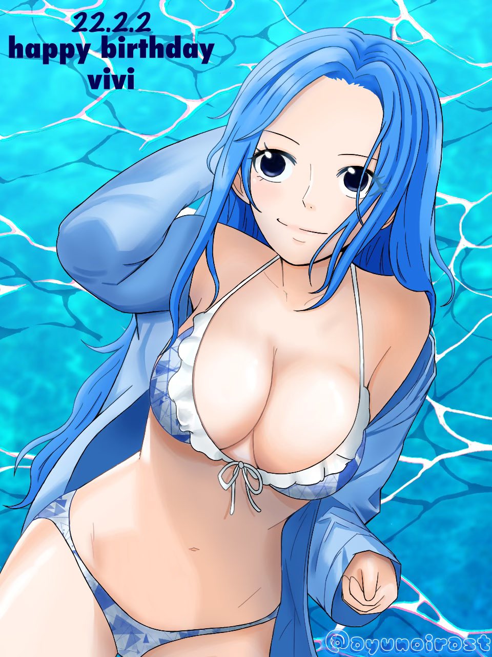 1girls, ayunoirast, bikini, blue hair, blue theme, blue-haired female, breasts, busty, curvy, female, female only, long hair, midriff, navel, nefertari vivi, one piece, open jacket, solo, transparent, water