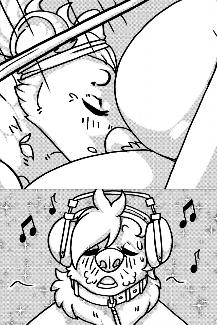 2022 allison_(danji-isthmus) anthro belly black_and_white collar comic danji-isthmus duo female headphones hi_res leash leash_pull male male/female mammal monochrome musical_note oral orgasm_face original original_character original_characters overweight overweight_anthro overweight_female overweight_male unnamed_character ursid