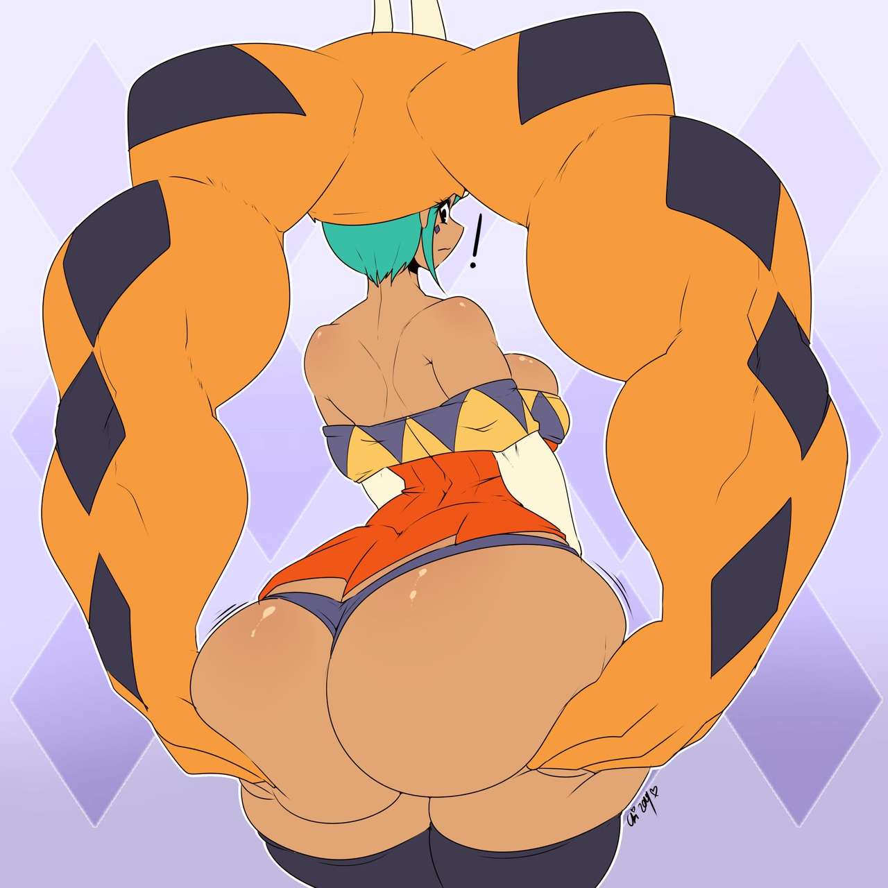 !, 1girls, ass, ass cleavage, ass crack, ass focus, big breasts, bottom heavy, breasts, butt crack, cerebella, female, female focus, green hair, hands on ass, hips, huge ass, looking back, muscular, muscular arms, okioppai, sideboob, skullgirls, solo, solo female, solo focus, thick ass, thick thighs, thighhighs, thighs, thong, vice-versa, wide hips