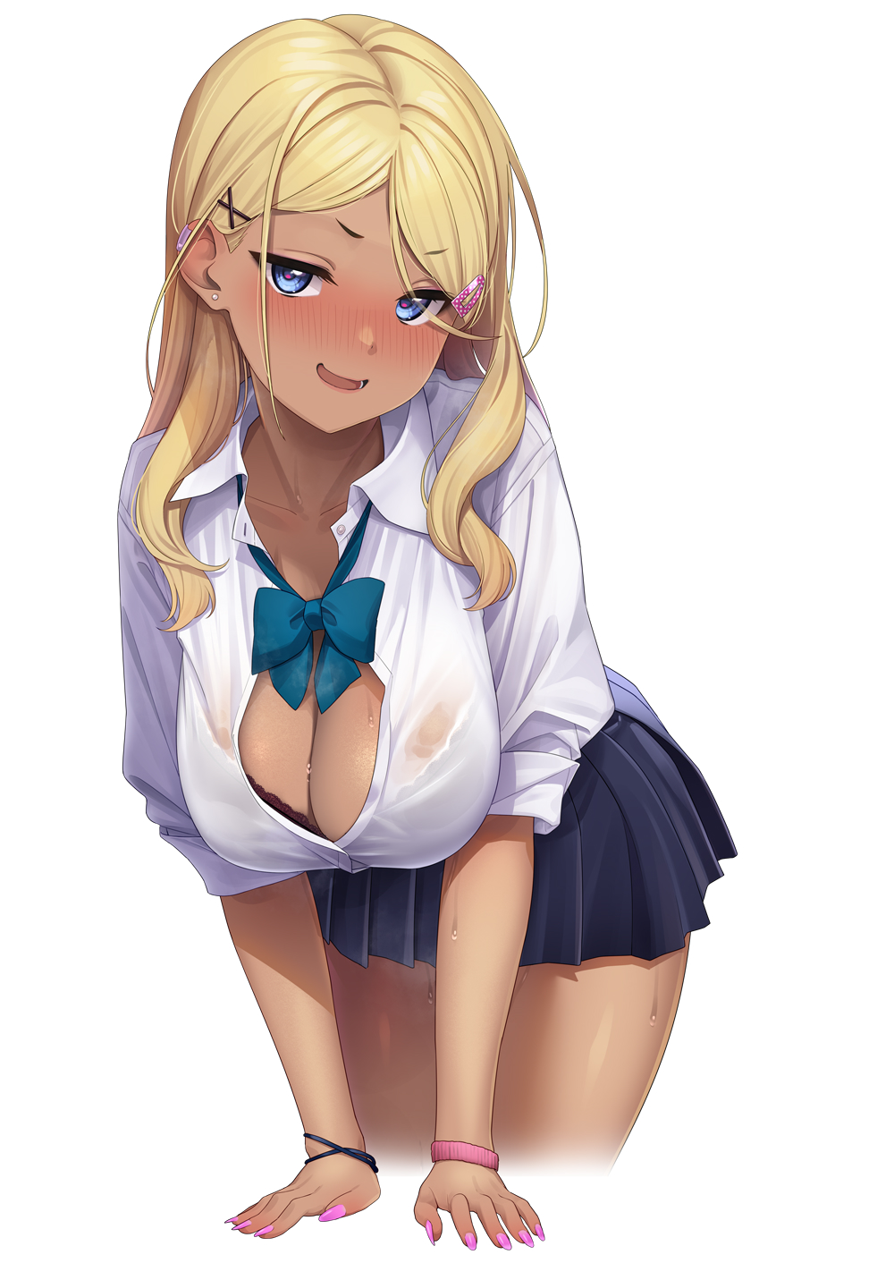 arm_support bangs black_bra blonde_hair blue_bow blue_bowtie blue_eyes blue_skirt blush bow bowtie bra bra_peek bracelet breasts cleavage collared_shirt dark-skinned_female dark_skin earclip earrings eyebrows_visible_through_hair female gyaru hair_ornament hairclip highres jewelry large_breasts leaning_forward long_hair looking_at_viewer miniskirt nail_polish nose_blush open_mouth original parted_bangs pink_nails pleated_skirt school_girl_(wotori) school_uniform shirt simple_background skirt solo sweat underwear white_background wotori x_hair_ornament