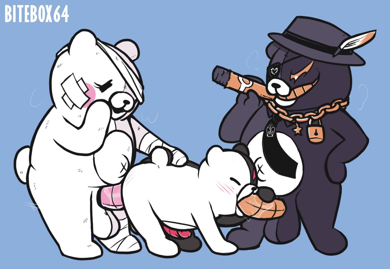 2021 anthro bandage bitebox64 cigarette danganronpa danganronpa_ultra_despair_girls fellatio genitals group group_sex kurokuma kurokuma_(danganronpa) machine male male/male mammal monokuma oral penile penis red_penis robot shirokuma_(danganronpa) simple_background smooth_skin spitroast threesome ursid