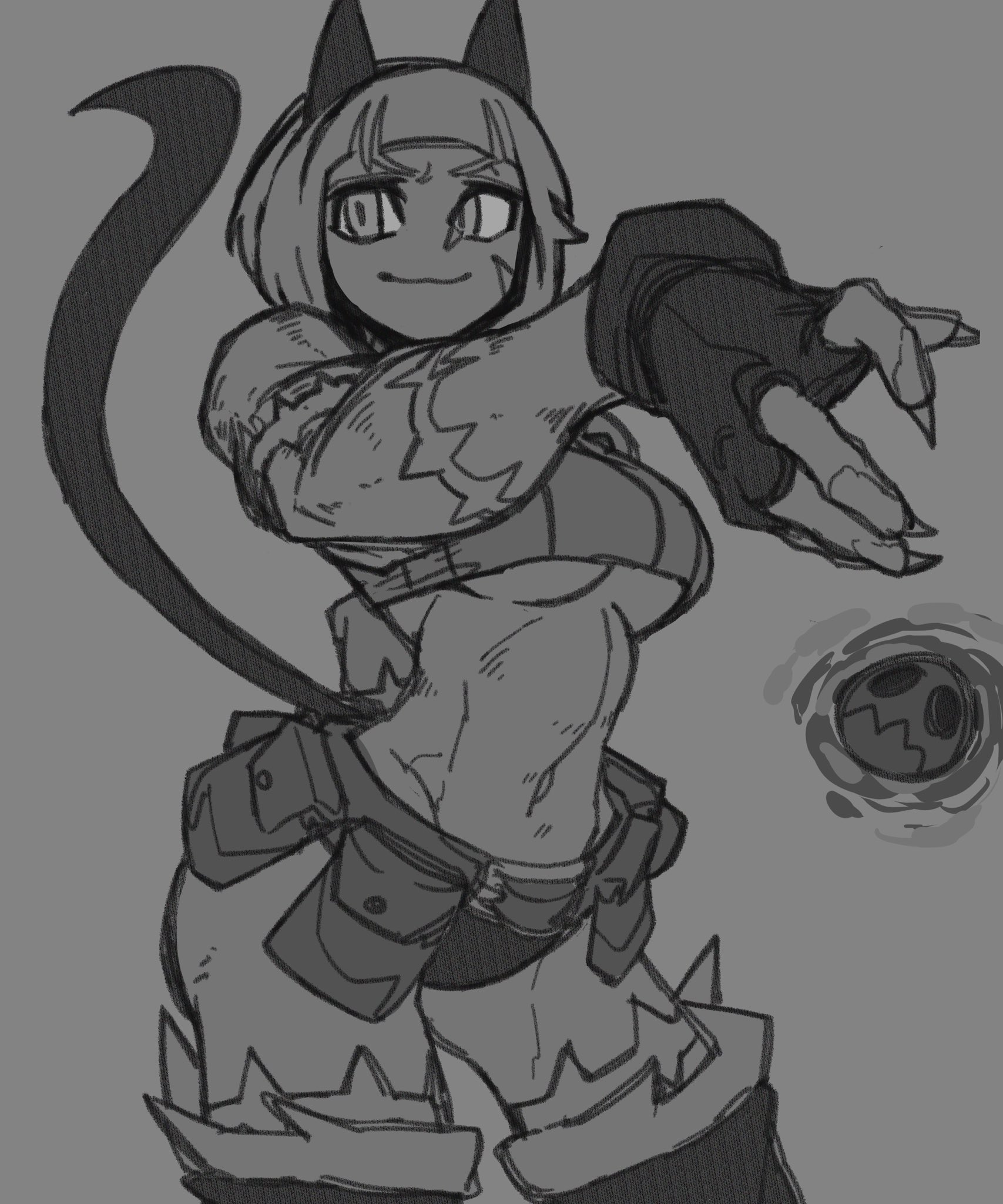 animal ears, ass, bone nigi, breasts, female, fingerless gloves, midriff, monochrome, nadia fortune, scar, skullgirls, tail