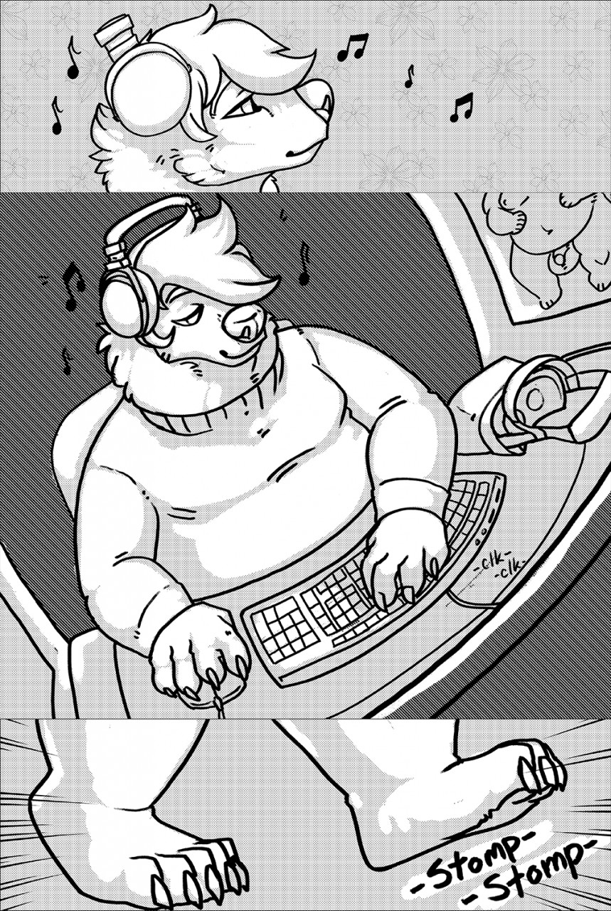 2022 allison_(danji-isthmus) anthro black_and_white comic computer_keyboard danji-isthmus duo feet female headphones hi_res keyboard male male/female mammal monochrome original original_character original_characters overweight overweight_male unnamed_character ursid