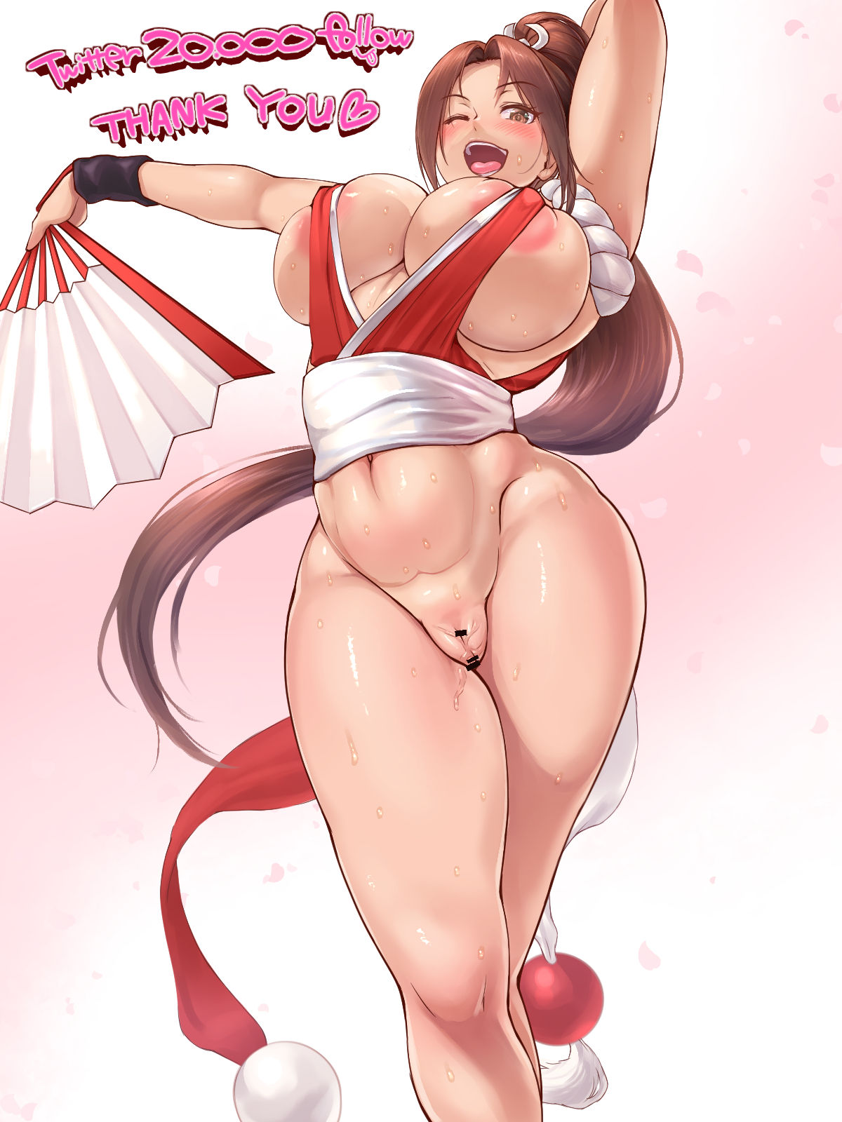 1girls, areolae, big areola, bottomless, breasts, brown hair, censored, censored penis, censored pussy, fan, fatal fury, female, female only, hips, huge breasts, king of fighters, kunoichi, large breasts, legs, long hair, mai shiranui, male, nipples, one eye closed, penis, ponytail, potatopanicking, pussy, smile, snk, solo, solo female, thick thighs, thighs, vagina, voluptuous, wink