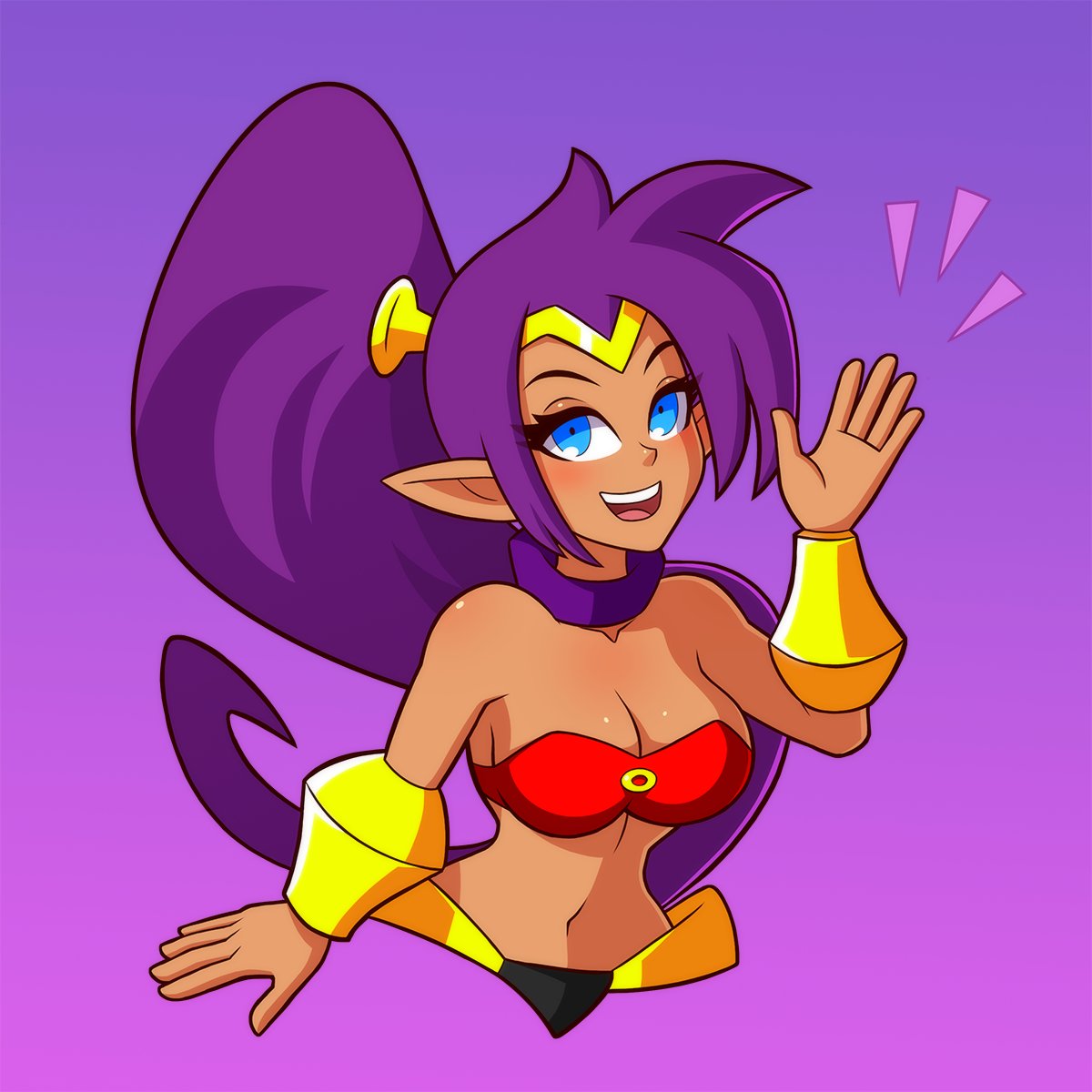 1girls belly_dancer_outfit big_breasts blue_eyes breasts chemical_bro cleavage cute dark-skinned_female dark_skin eye_contact female female_only gradient_background hourglass_figure large_breasts long_ears looking_at_viewer midriff navel pointy_ears ponytail purple_hair shantae shantae_(character) smile smiling smiling_at_viewer smooth_skin solo solo_female tagme upper_body wayforward