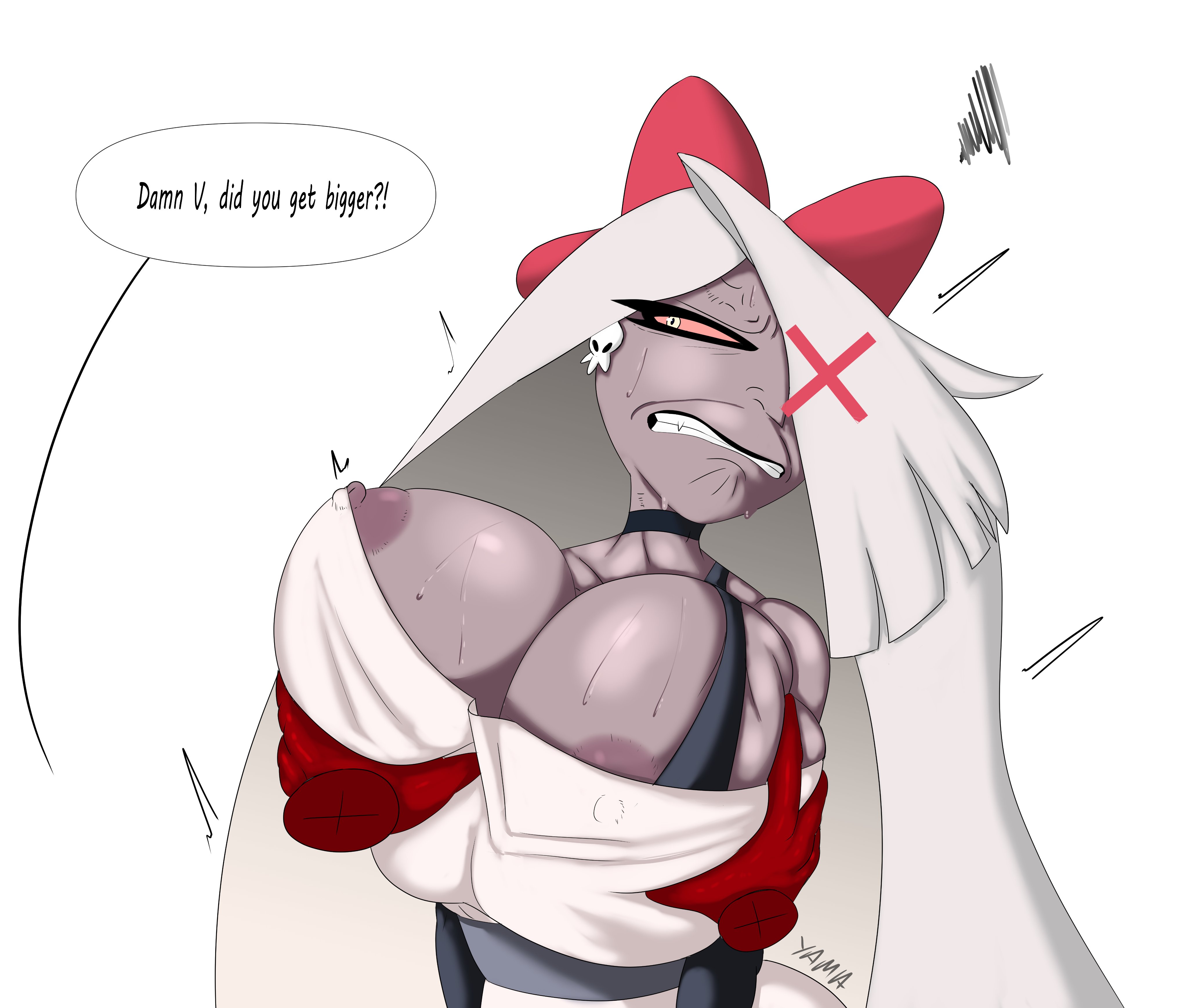 1boy, 1girls, angel, breast grab, breasts, clenched teeth, clothed, clothing, demon, disgusted, fallen angel, female, female focus, femsub, grey skin, hair over one eye, hazbin hotel, hellaverse, huge breasts, humanoid, long hair, male, maledom, questionable consent, reluctant compliance, unseen male face, vaggie (hazbin hotel), white background, yamathegod