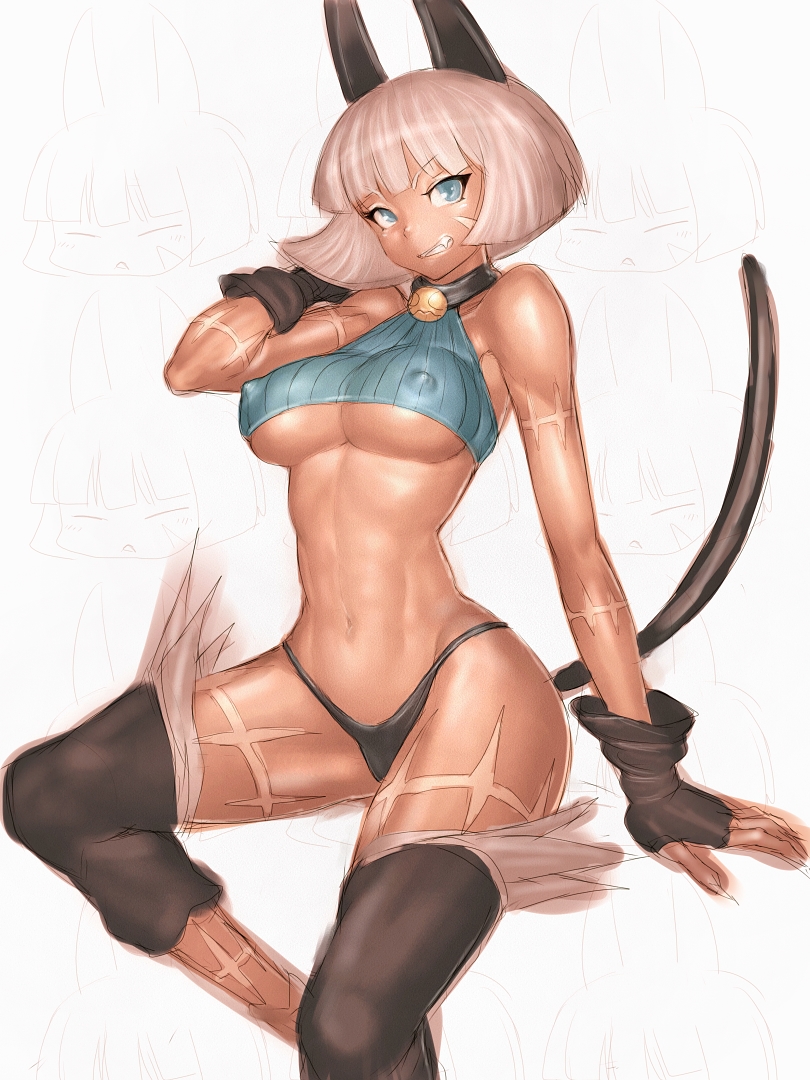 1girls bell_collar big_breasts black_panties blue_eyes blue_topwear cat_ears cat_tail catgirl claws collar dark-skinned_female dark_skin fit fit_female fumio_(rsqkr) nadia_fortune scars short_hair skullgirls solo solo_female underboob white_hair