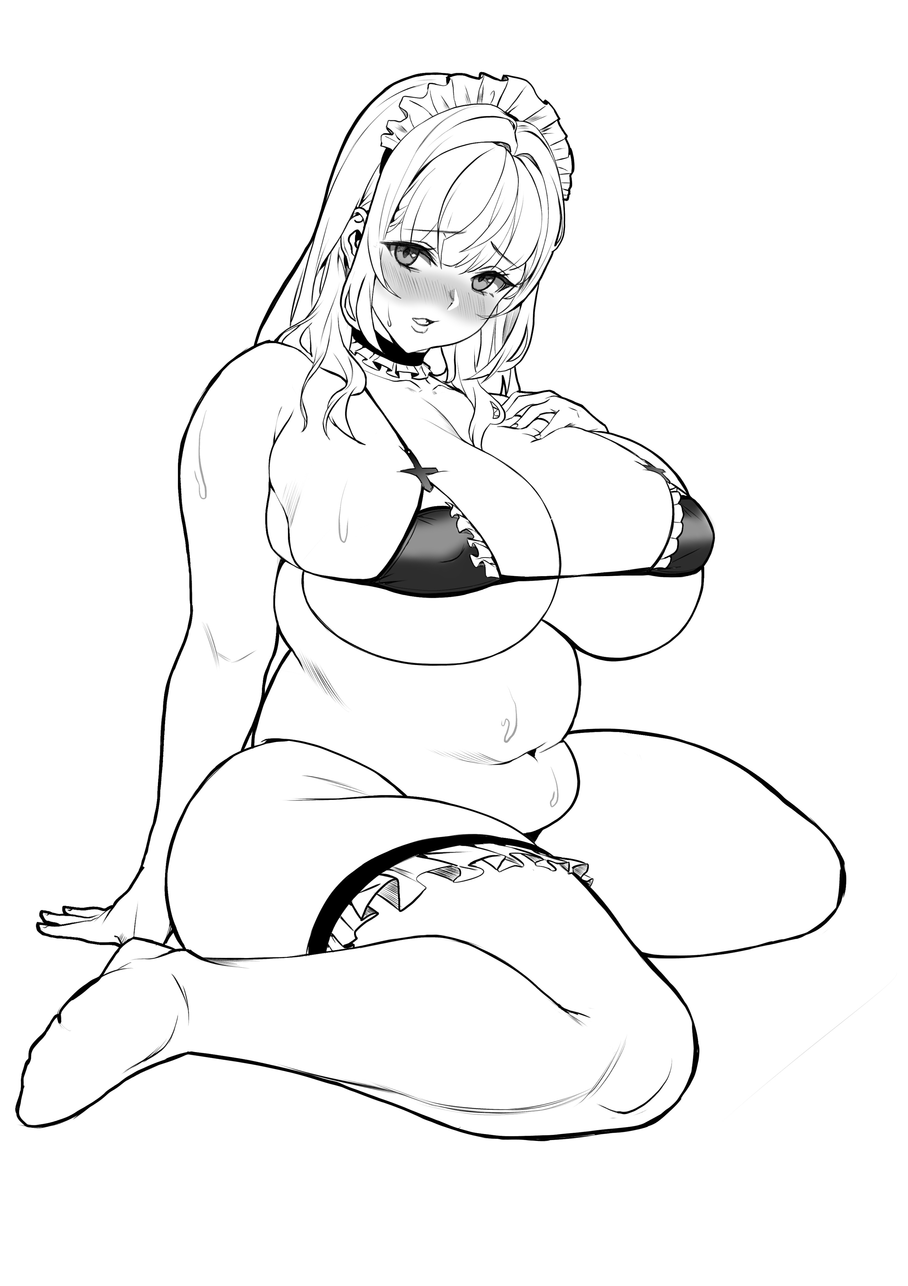 bbw, big breasts, bikini, blush, breasts, choker, chubby, chubby female, cor369, embarrassed, female, female only, frilled legwear, frills, full body, huge breasts, line art, looking at viewer, maid headdress, micro bikini, monochrome, nervous, original, plump, shy, sitting, solo, sweat, thighhighs, wariza
