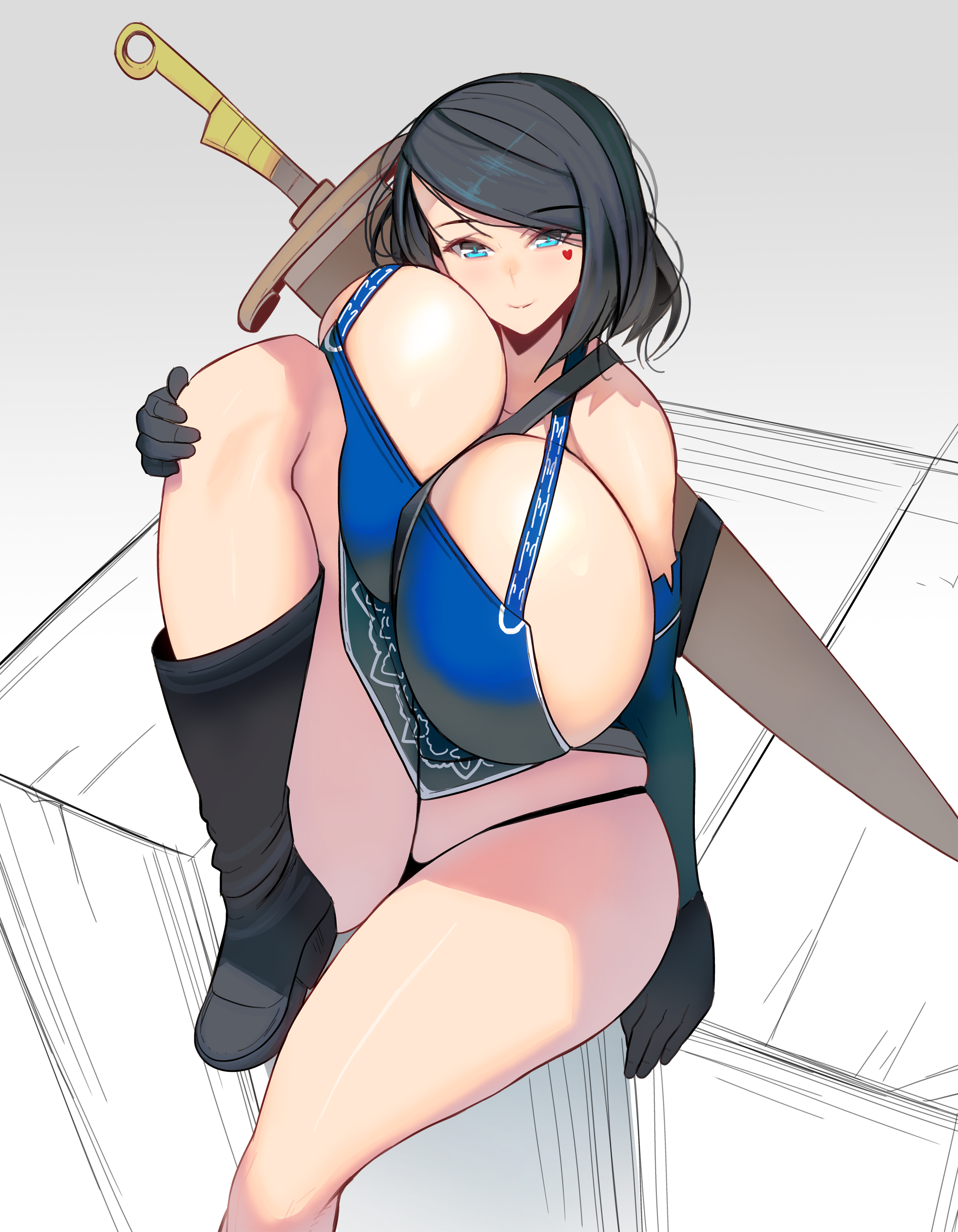 black gloves, black hair, blue eyes, boots, breast squish, breasts, elbow gloves, facial mark, favorite, female, female only, gloves, high-angle view, huge breasts, hyper, hyper breasts, looking at viewer, masao, medium hair, original, sitting, smile, solo, sword, thick thighs, weapon