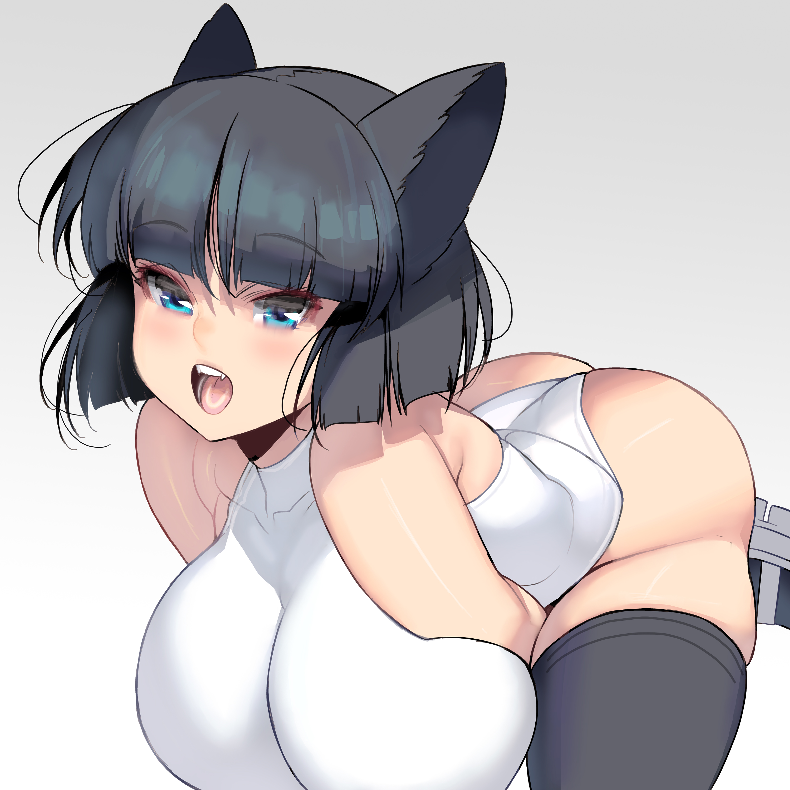 all fours, ass, big ass, big breasts, black hair, black legwear, black thighhighs, blue eyes, bob cut, breasts, cat ears, cat girl, catgirl, fangs, female, female only, kemonomimi, leotard, looking at viewer, masao, open mouth, original, short hair, solo, thighhighs, white leotard, zettai ryouiki