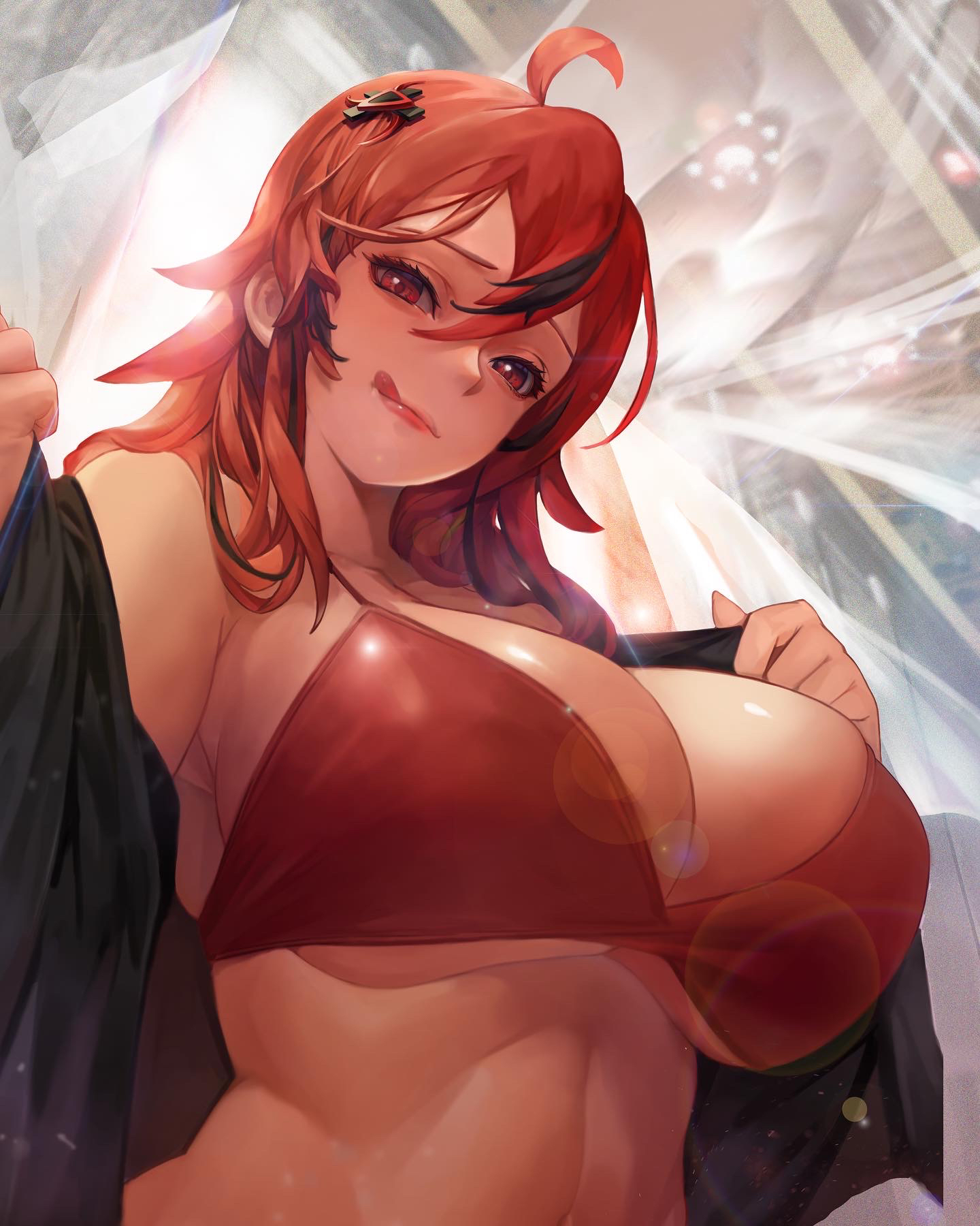 1girls, ahoge, big breasts, bikini, breasts, cleavage, cor369, female, female only, hair ornament, huge breasts, licking lips, looking at viewer, original, red bikini, red bikini top, red eyes, red hair, smile, solo, underboob, undressing, upper body