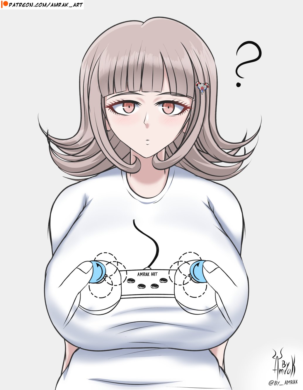 1boy, 1girls, alternate version available, amrak, artist name, big breasts, blush, breast grab, breast squeeze, breasts, busty, controller shirt, danganronpa, danganronpa 2: goodbye despair, female, full-face blush, grabbing, grey hair, heart-shaped pupils, large breasts, light skin, light-skinned female, looking at viewer, male, nanami chiaki, open mouth, pink eyes, pov, saliva, shirt, straight hair, white shirt