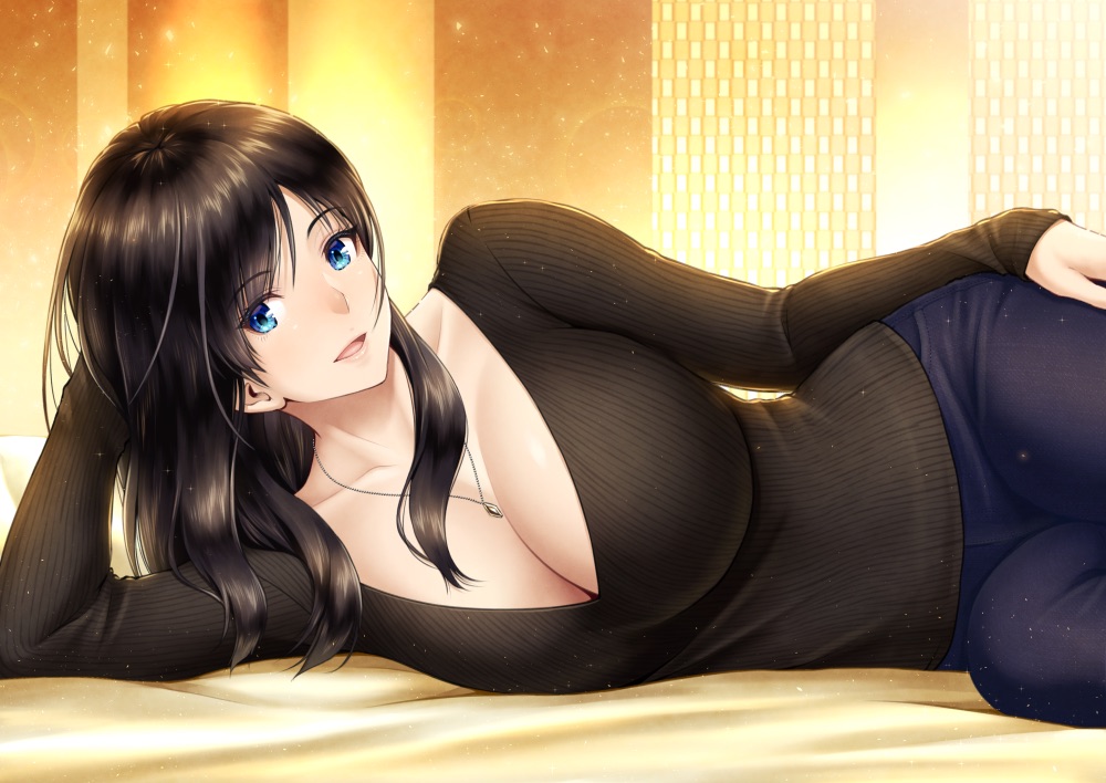 arm_support big_breasts black_hair blue_eyes cleavage dark_hair female female_only fully_clothed lioreo long_hair long_sleeves looking_at_viewer milf necklace on_bed on_side original ribbed_sweater smile solo v-neck