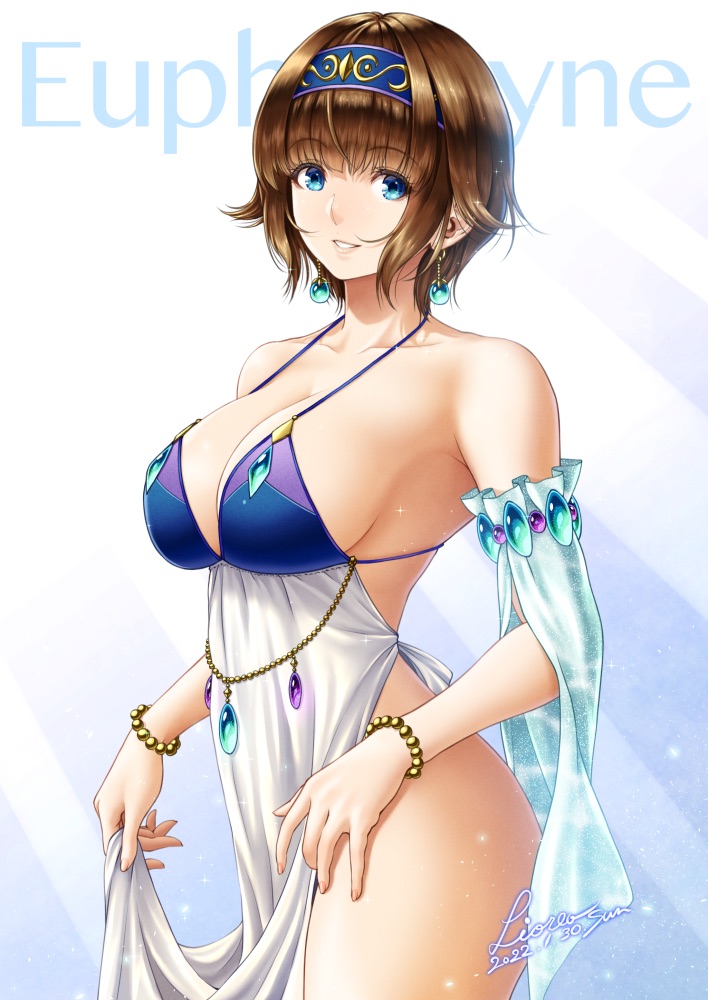 bare_shoulders big_breasts blue_eyes bracelets brown_hair cleavage detached_sleeves earrings female female_only gold_(metal) greek_mythology hairband jewelry lioreo looking_at_viewer lots_of_jewelry original pelvic_curtain revealing_clothes short_hair side_slit smile solo