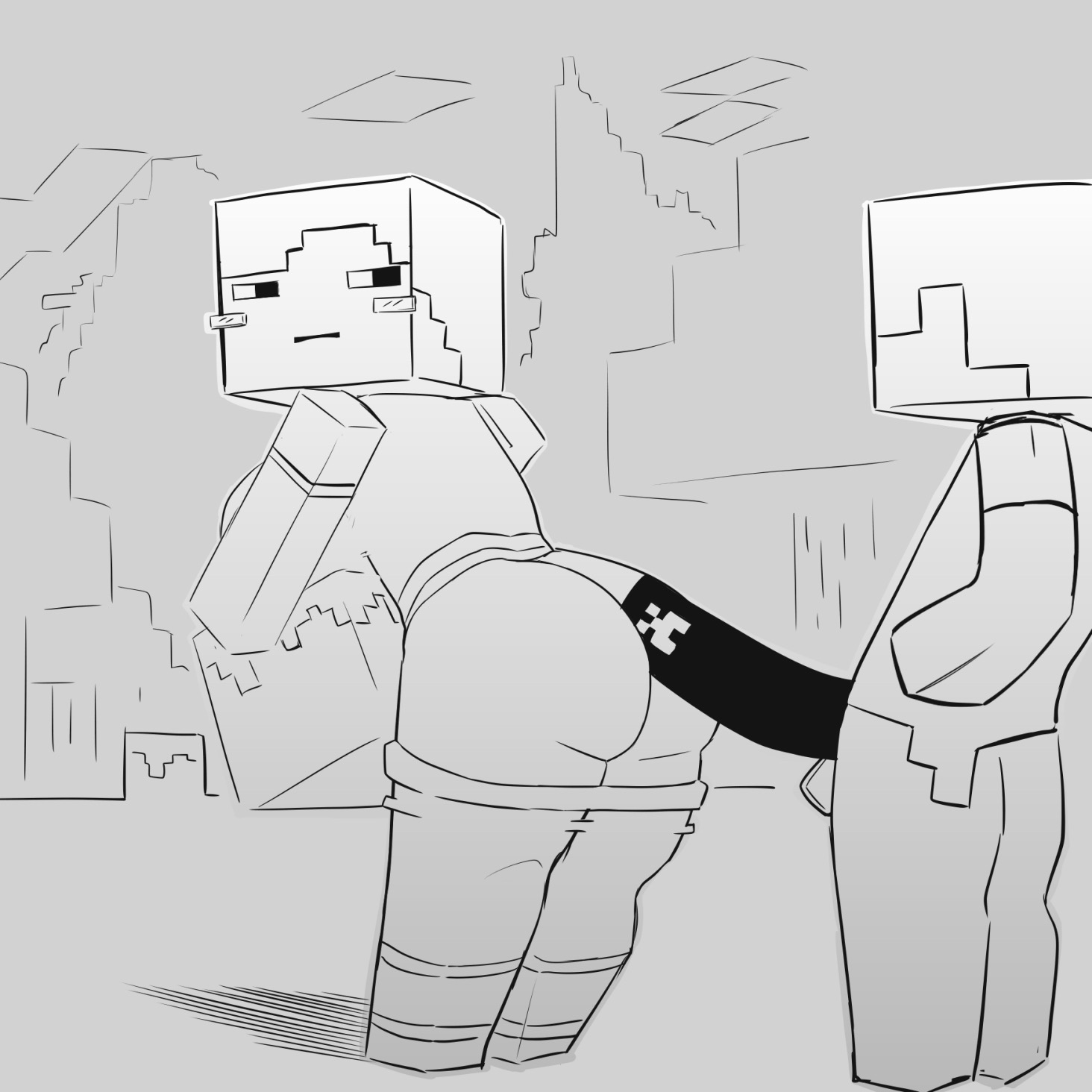 1boy, 1girls, alex (minecraft), ass, big ass, big penis, black and white, blush, female, kaxiota, looking at partner, male, minecraft, penis, square head, steve (minecraft)