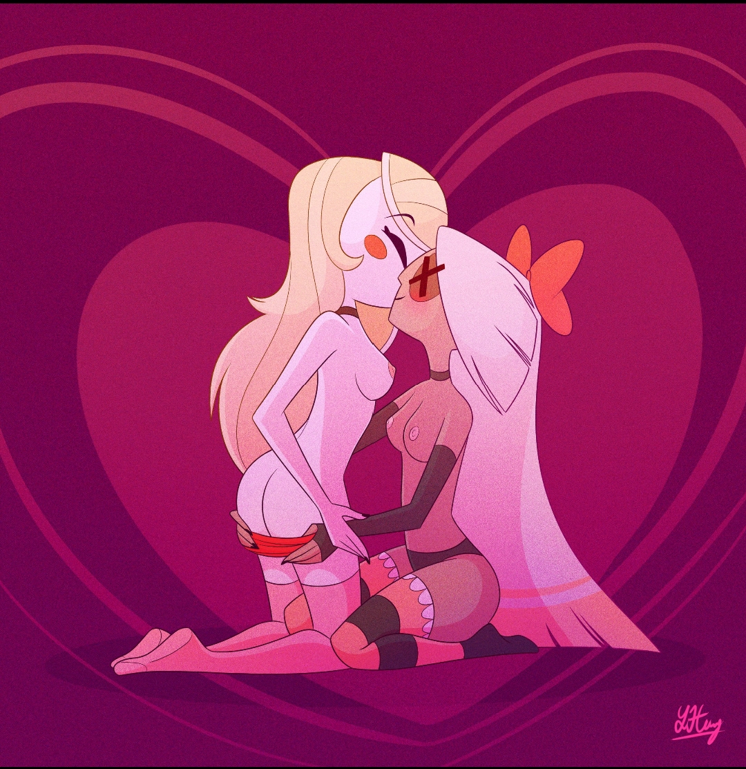 2girls, blonde hair, bowtie, charlie morningstar (hazbin hotel), cholera, female, grey skin, hazbin hotel, heart, jizzytwilight, legwear, long hair, multiple females, multiple girls, straight hair, striped legwear, thighhighs, topless, undressing another, vaggie (hazbin hotel), valentine's day, white hair, white skin, wholesome, yuri
