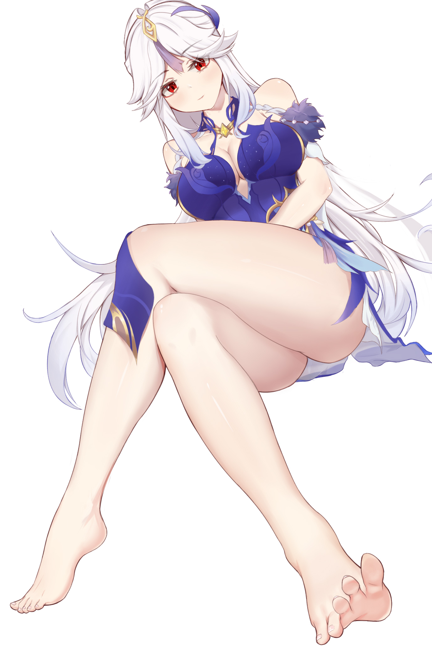 1girls, barefoot, big breast, breasts, cleavage, dress, feet, female, female only, full body, genshin impact, human, legs, ningguang (genshin impact), ningguang (orchid's evening gown) (genshin impact), red eyes, thick thighs, thighs, toes