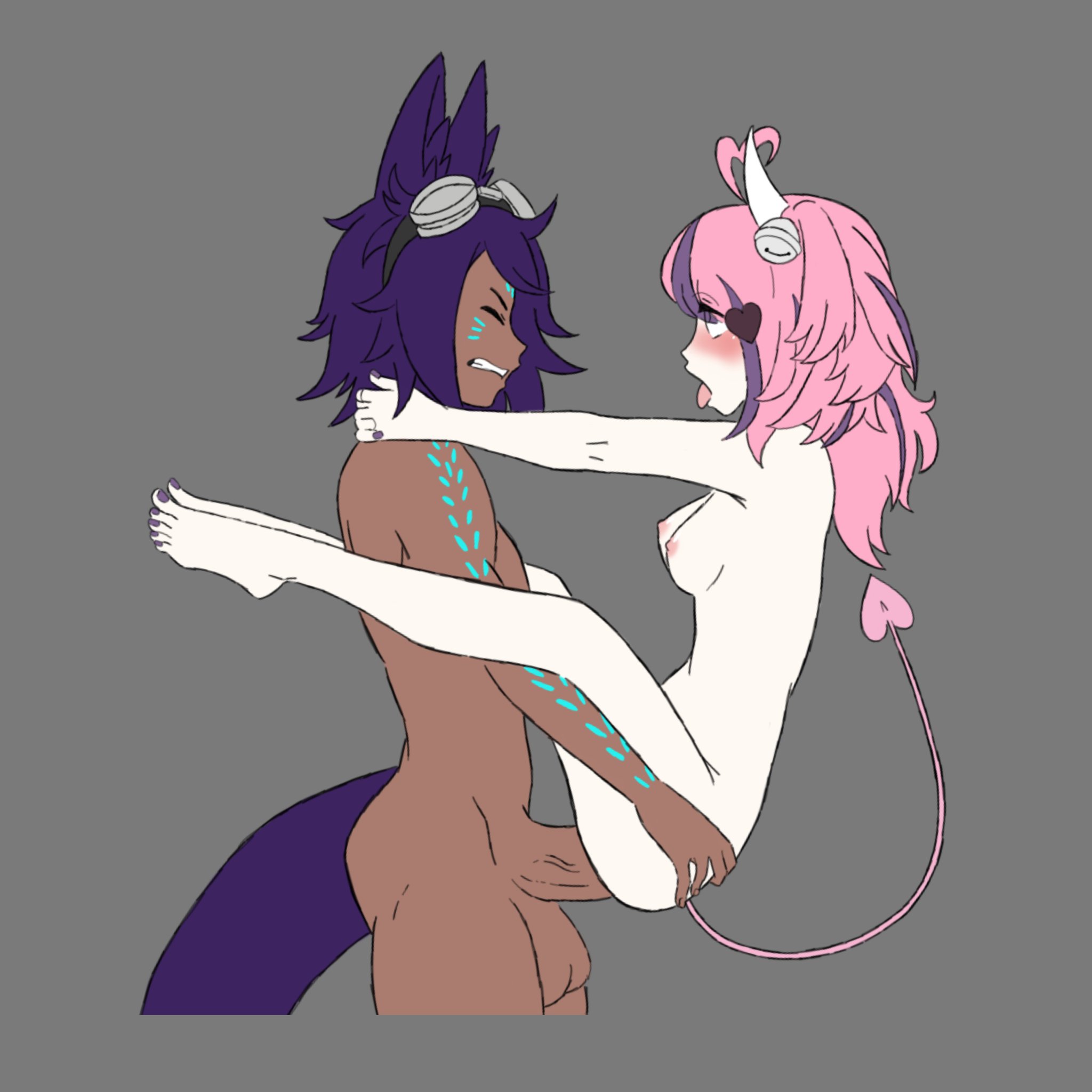 1boy, 1girls, absurd res, ahe gao, areolae, arms around neck, balls, big balls, body markings, breasts, dark skin, dark-skinned femboy, dark-skinned male, dark-skinned trap, demon, demon girl, female, femboy, femboy on female, grey background, horns, huge cock, ironmouse, ironmouse (season 2), large penis, legs apart, legs up, light skin, light-skinned female, male, nipples, oc, penis, pussy, small breasts, spade tail, straight, tongue, tongue out, vaginal penetration, vaginal sex, veiny penis, virtual youtuber, vshojo, whispmuffin