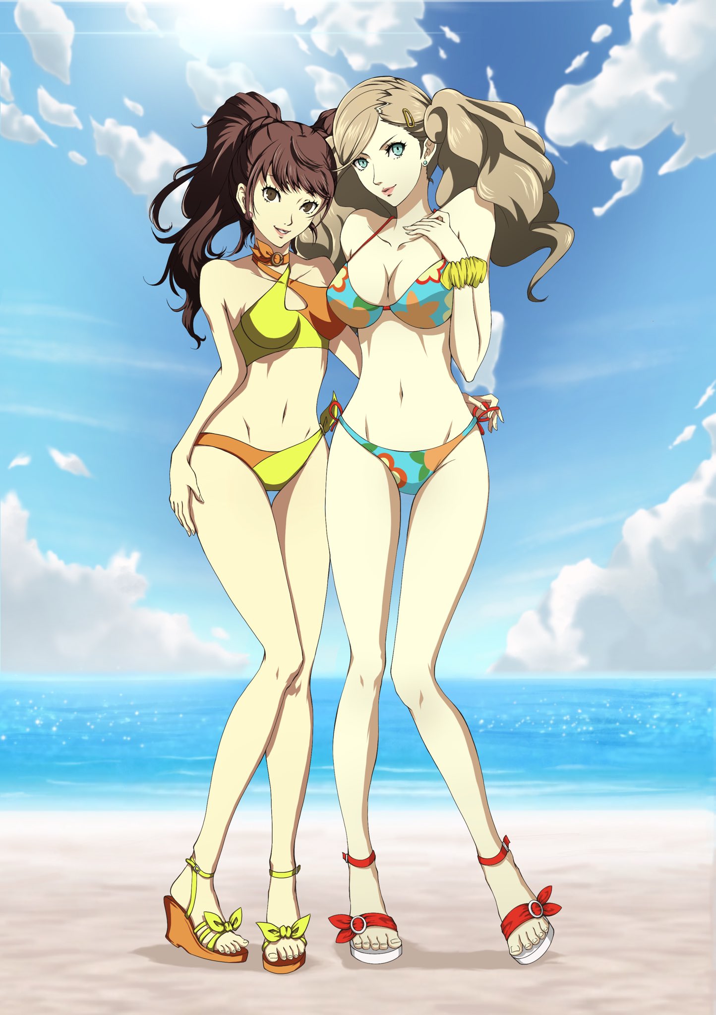 2girls, alternate costume, ann takamaki, atlus, beach, big breasts, bikini, blonde hair, blue eyes, breasts, brown eyes, brown hair, clothing, female, female only, footwear, hourglass figure, human, kujikawa rise, large breasts, lovers arcana, marion art, megami tensei, multiple females, multiple girls, outdoors, outside, pale skin, persona, persona 4, persona 5, sandals, swimsuit, swimwear, thick thighs, twintails