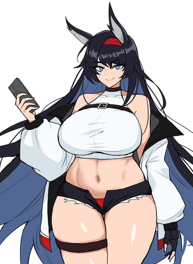 animal_ears arknights bangs black_gloves black_hair blaze_(arknights) blue_eyes breasts curvy cutoffs drogod_(artist) female fingerless_gloves gloves hairband hella_p holding holding_phone huge_breasts jacket leg_strap long_hair looking_at_viewer panties phone red_hairband red_panties short_shorts shorts simple_background smile solo thick_thighs thighs underwear very_long_hair white_background wide_hips